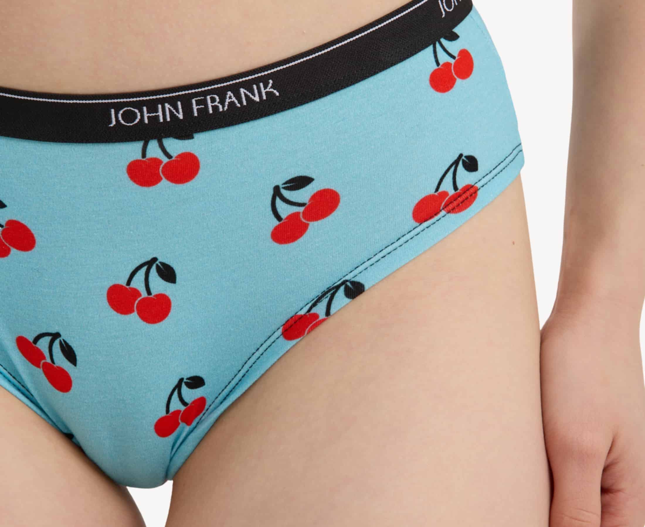 Front detail of women’s 95% premium cotton hipster in sky blue with cherry print, showcasing smooth waistband.