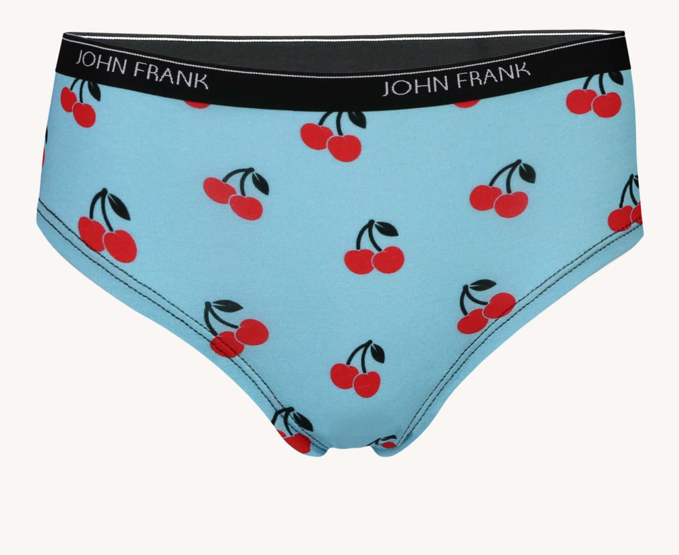 Front view of women’s 95% premium cotton hipster in sky blue with cherry print, showcasing mid-rise cut and smooth waistband.