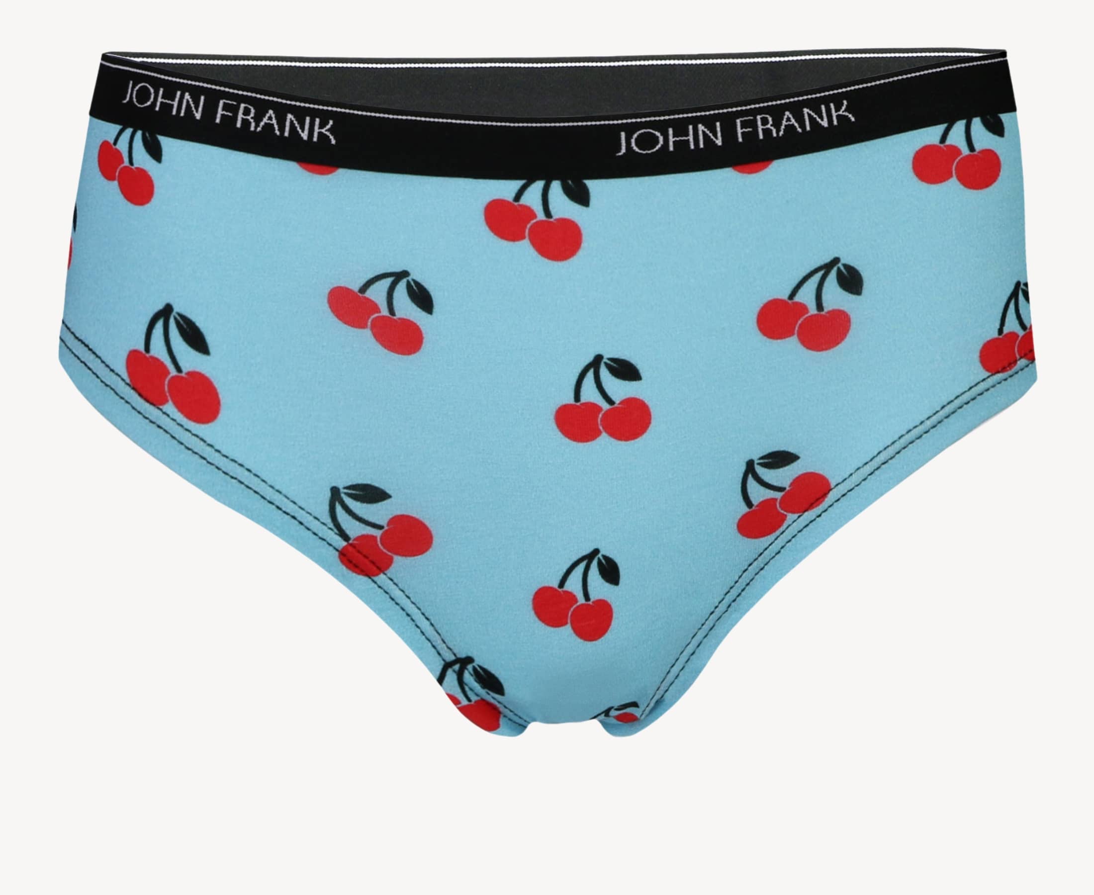 Front view of women’s 95% premium cotton hipster in sky blue with cherry print, showcasing mid-rise cut and smooth waistband.