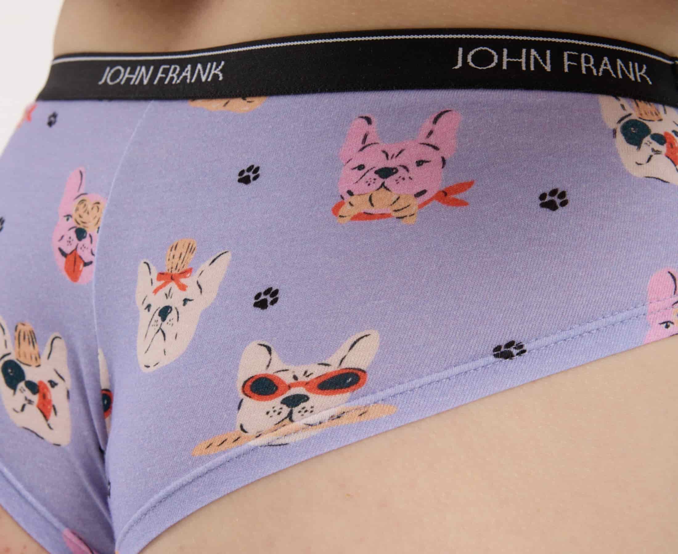 Detailed back close up of women's 95% premium cotton hipster in lavender with fun French bulldog print, showcasing fabric and cheeky cut