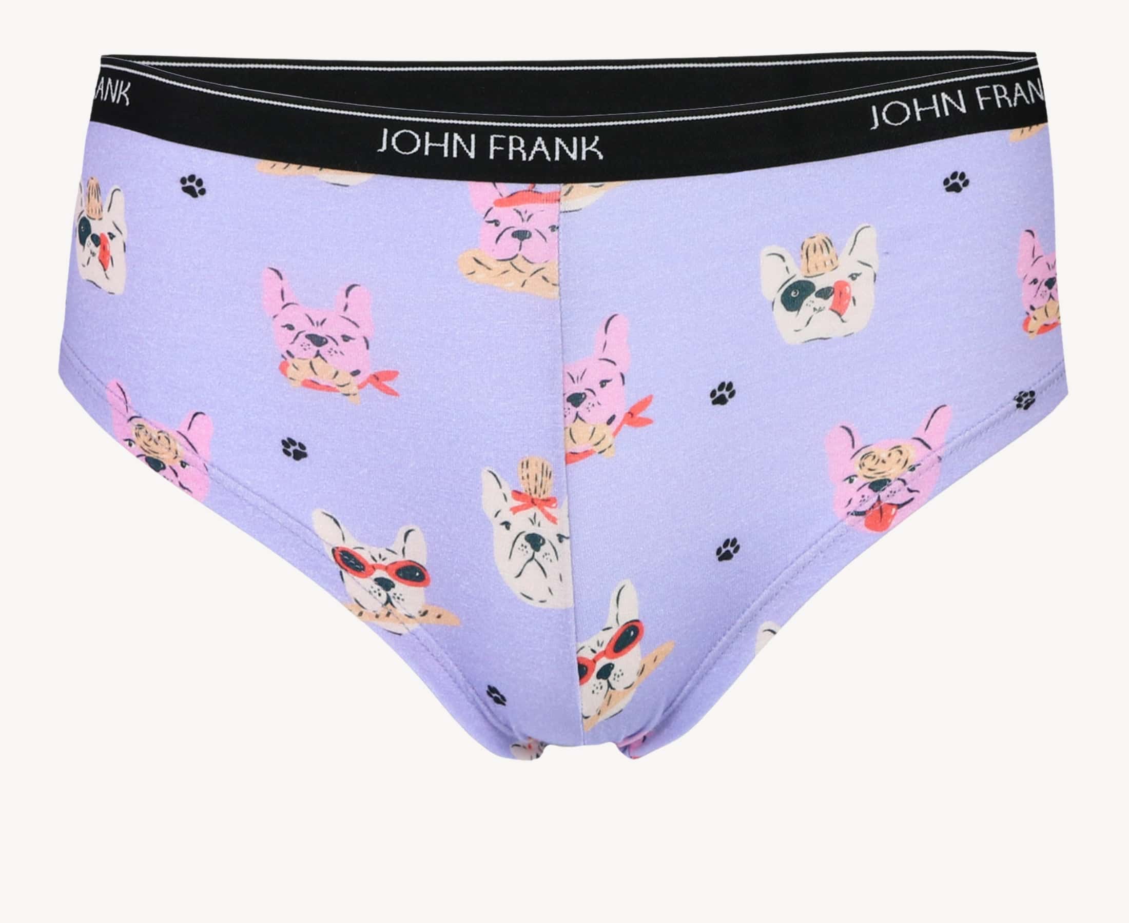 Front view of women’s 95% premium cotton hipster in lavender with fun French bulldog print, showcasing mid-rise cut and smooth waistband.