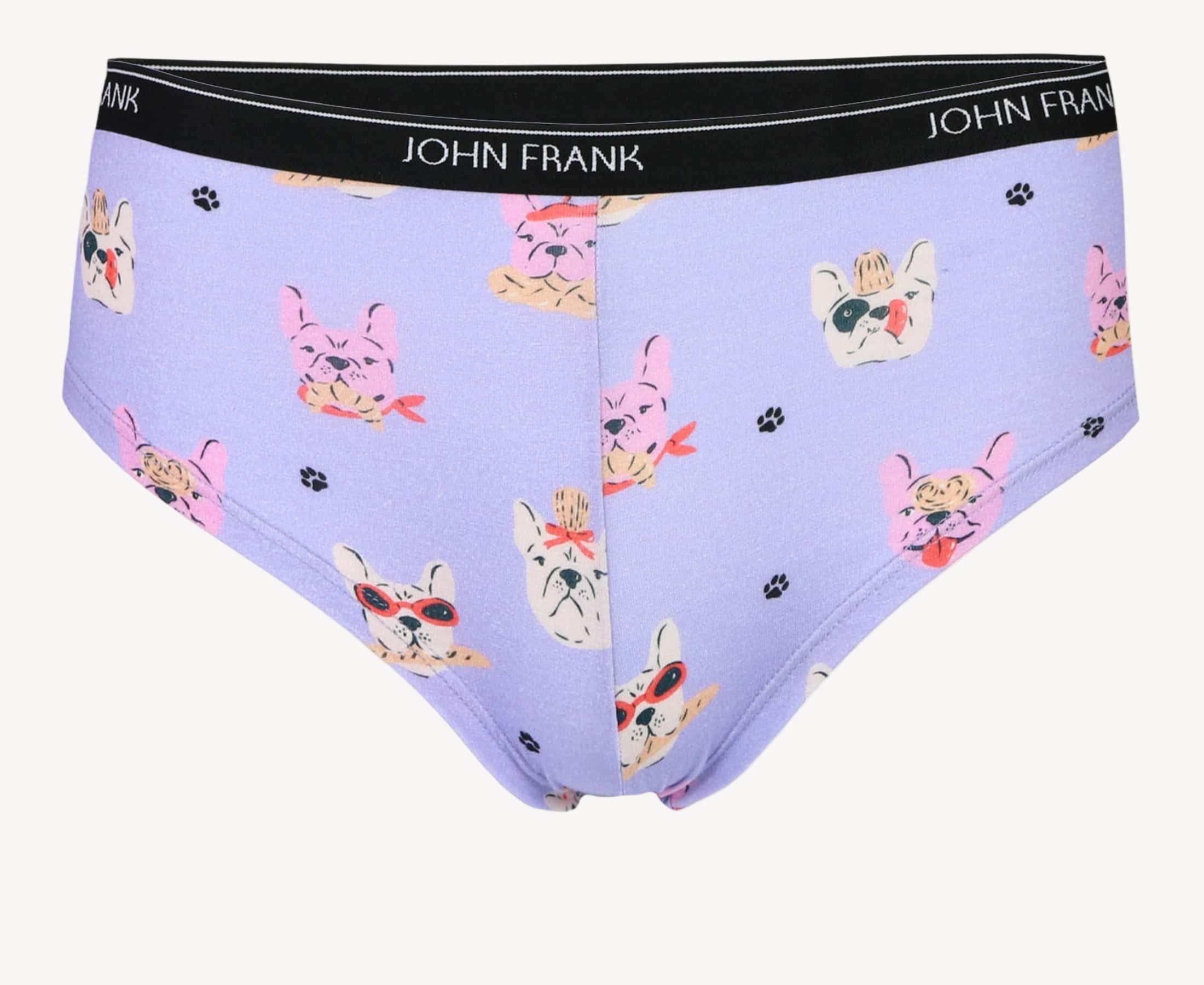 Front view of women’s 95% premium cotton hipster in lavender with fun French bulldog print, showcasing mid-rise cut and smooth waistband.