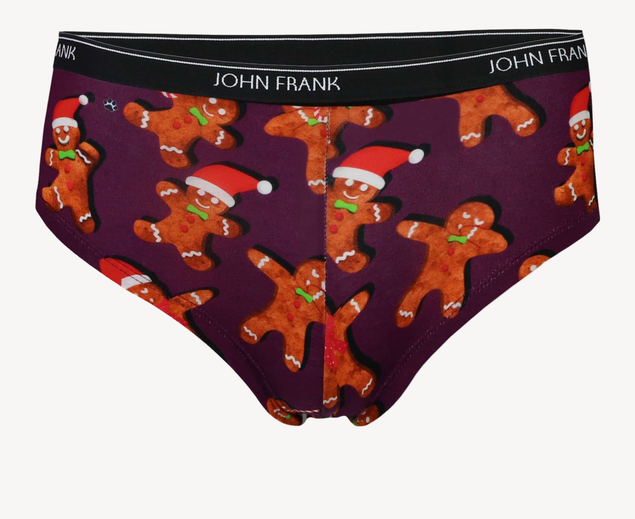 Front view of women’s 95% premium cotton hipster in purple with festive ginger bread cookies print, showcasing mid-rise cut and smooth waistband.