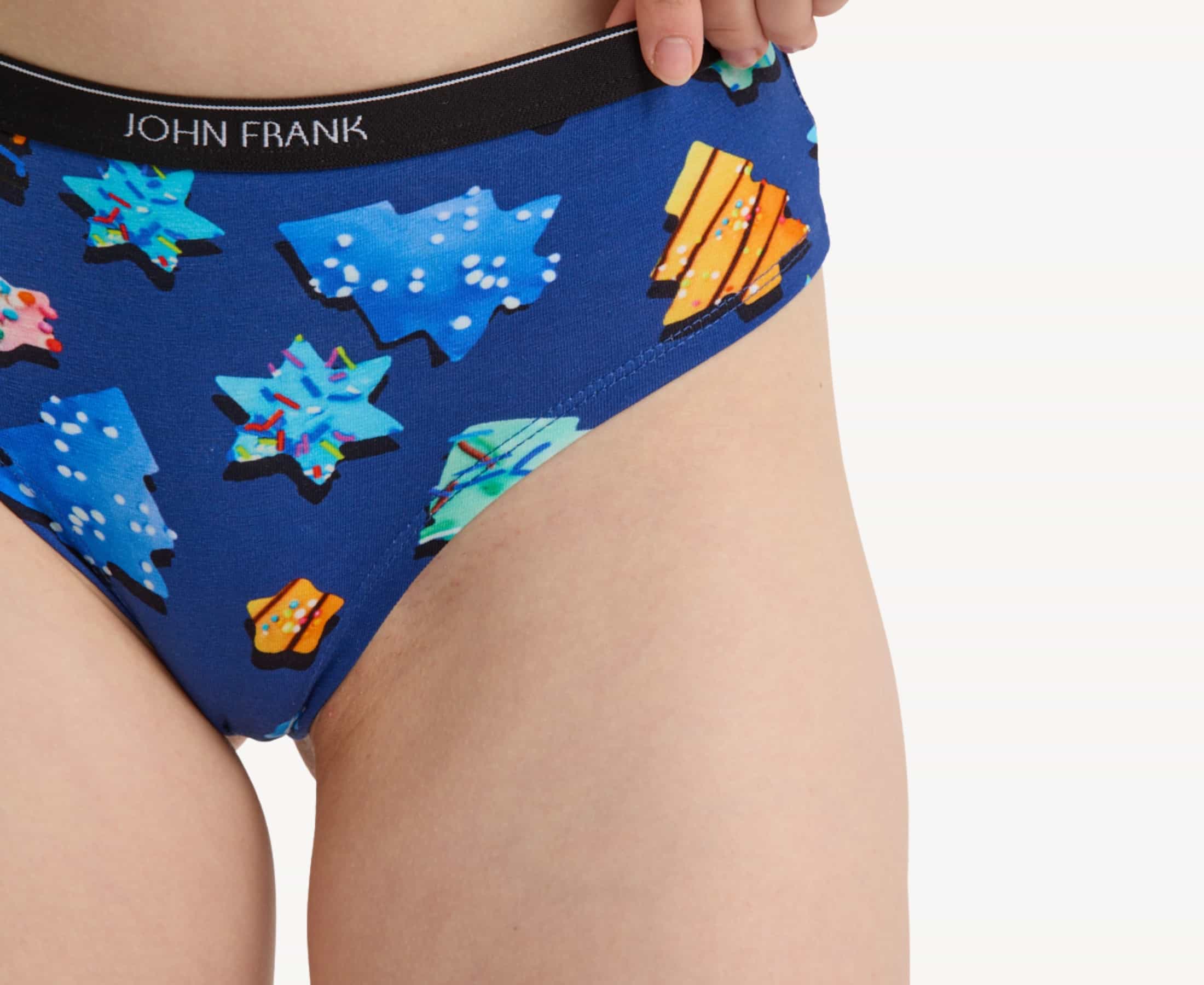 Fabric and waistband detail view of women’s 95% premium cotton hipster in royal blue with colorful sugar cookies print