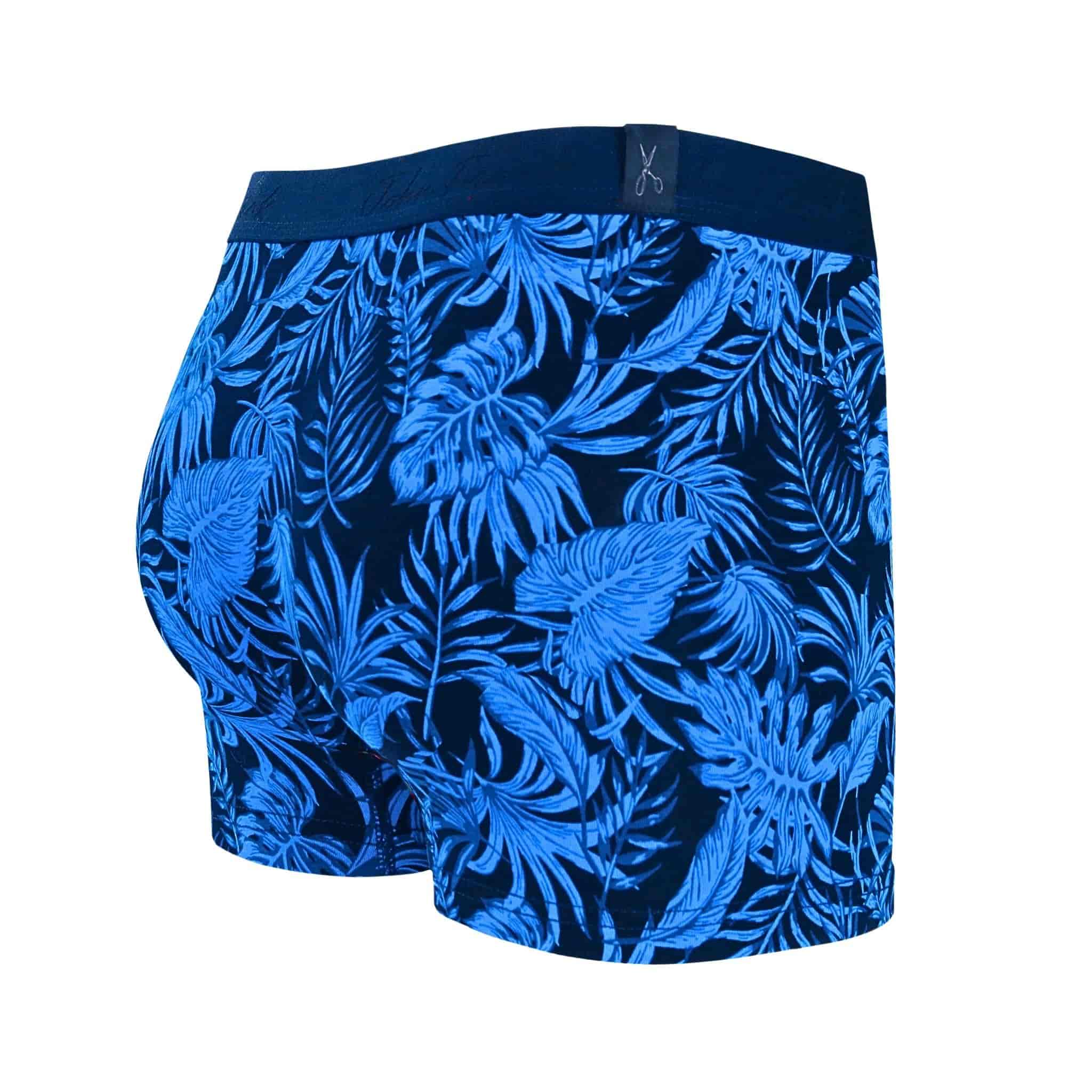 Back view of men’s 95% cotton boxer brief in navy with bright blue palm print, no-roll waistband, and clean rear detail