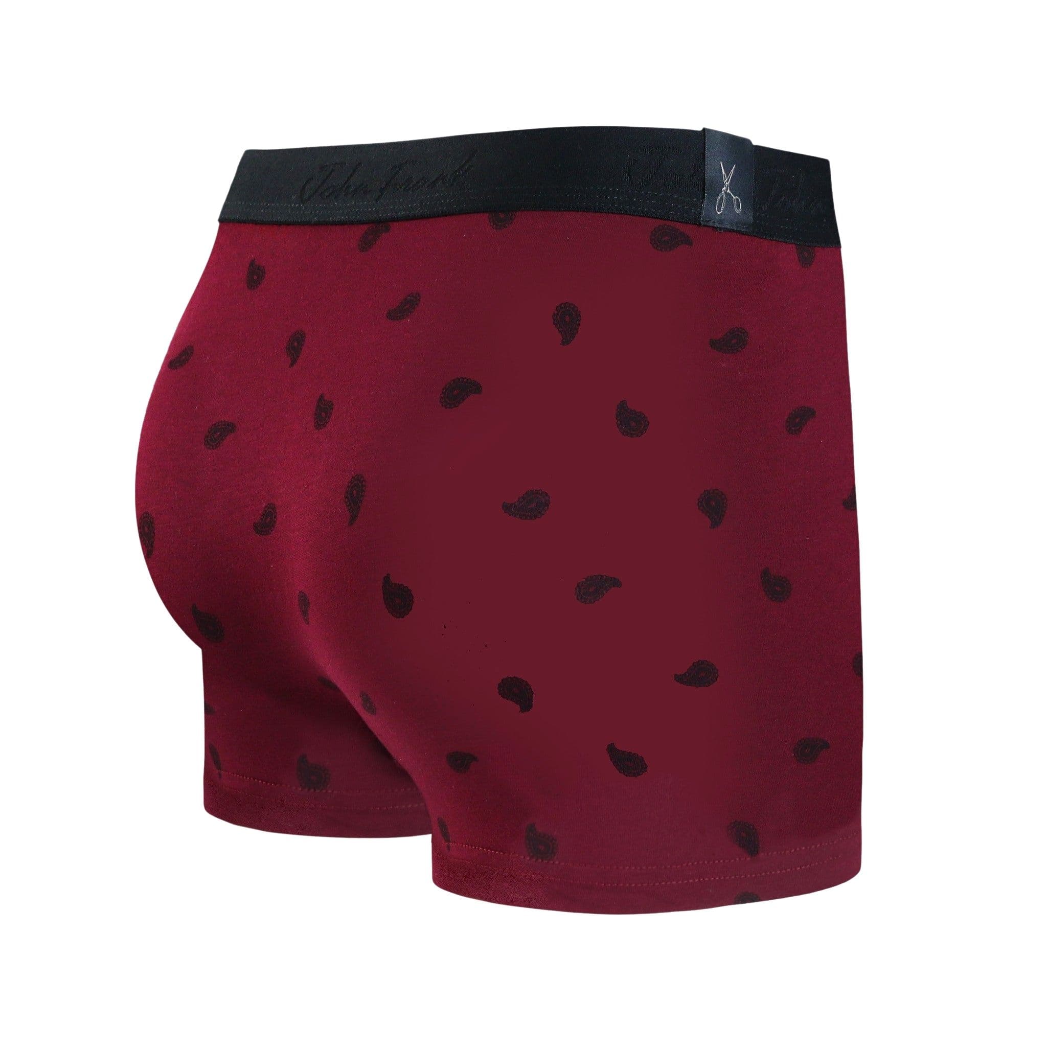Back view of men’s 95% cotton boxer brief in burgundy with black paisley print, no-roll waistband, and clean rear detail