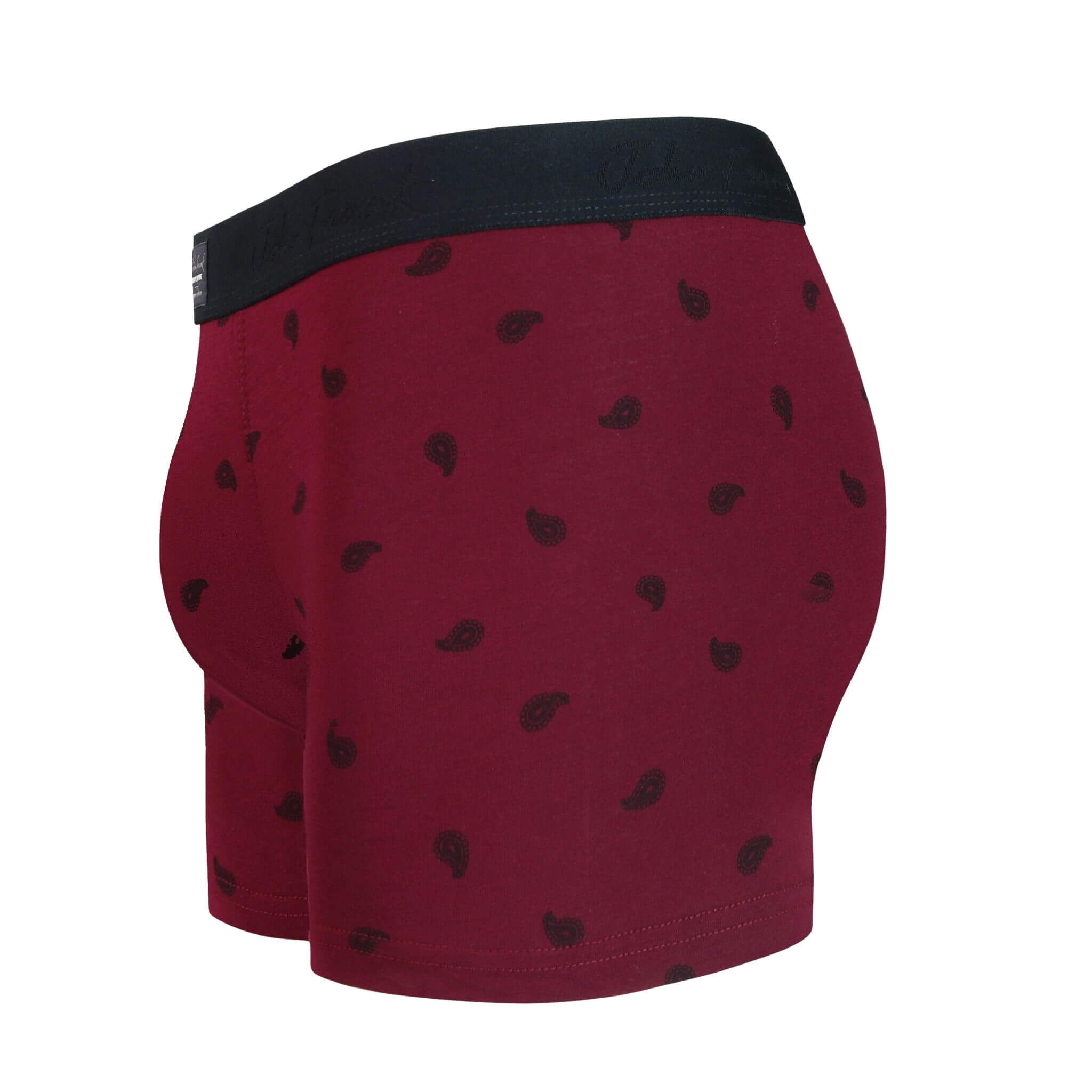 Side view of men’s 95% cotton boxer brief in burgundy with black paisley print, contoured pouch, and tailored leg cut

