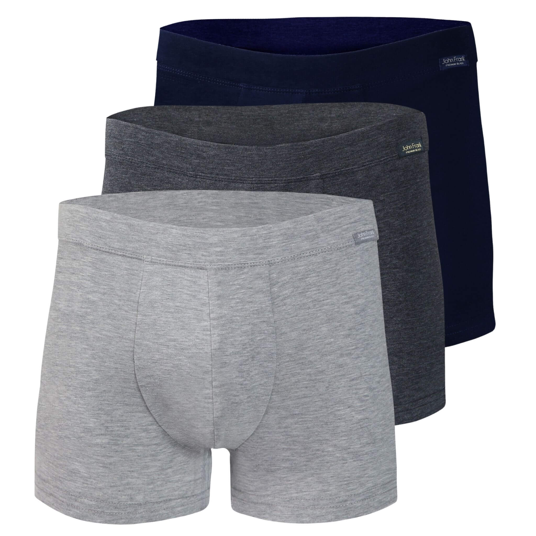 Full pack view of men’s 95% cotton boxer brief 3-pack — one stone gray, one slate gray, and one navy, all with fabric-covered waistbands
