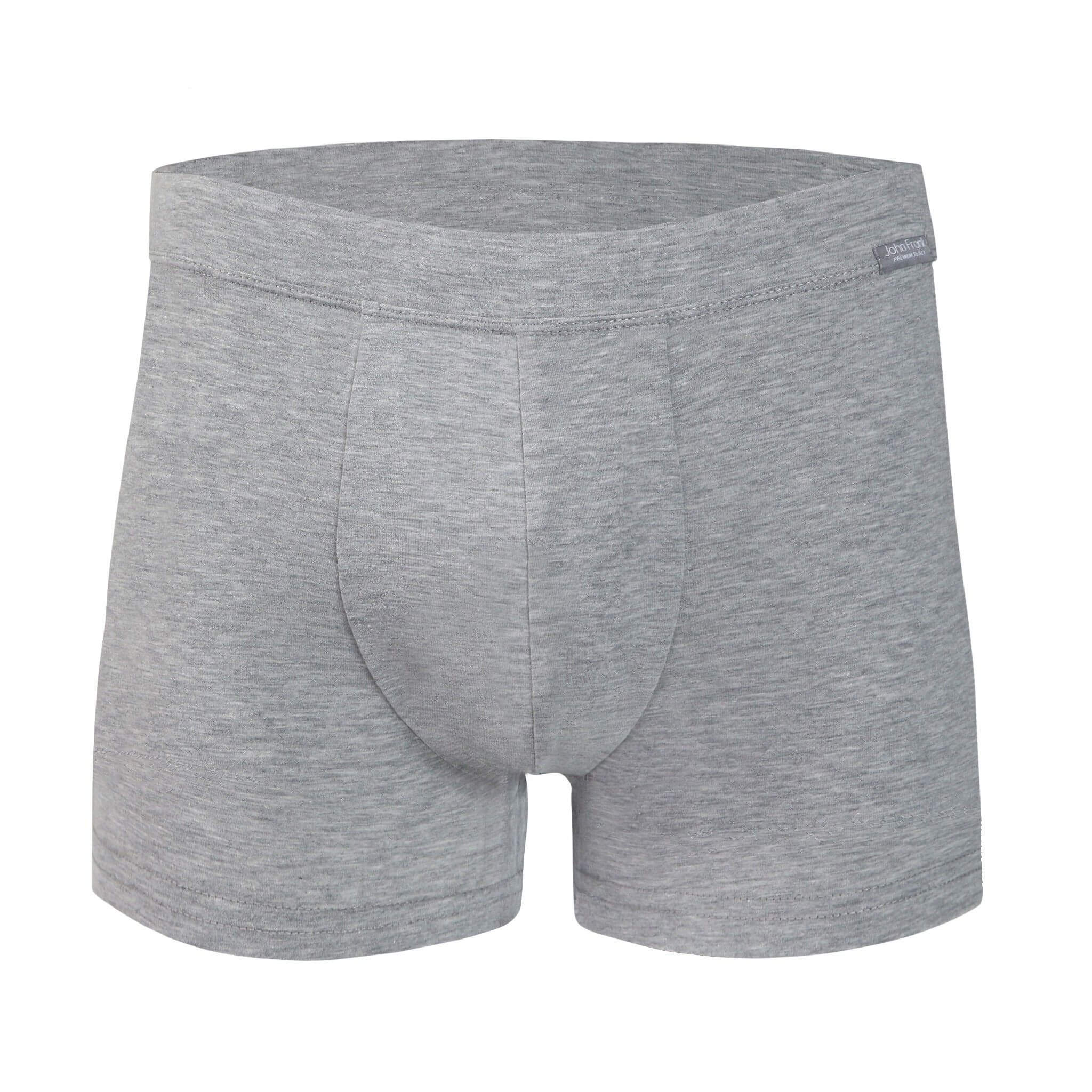 Front view of men’s 95% cotton boxer brief in stone gray with fabric-covered waistband, invisible seams and soft stretch