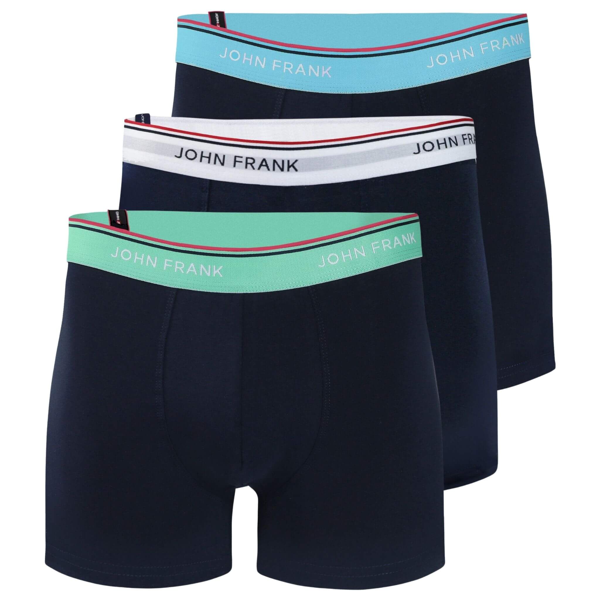 Full pack view of men’s 95% cotton boxer brief 3-pack — all midnight blue with striped waistbands in sea green, white, and turquoise