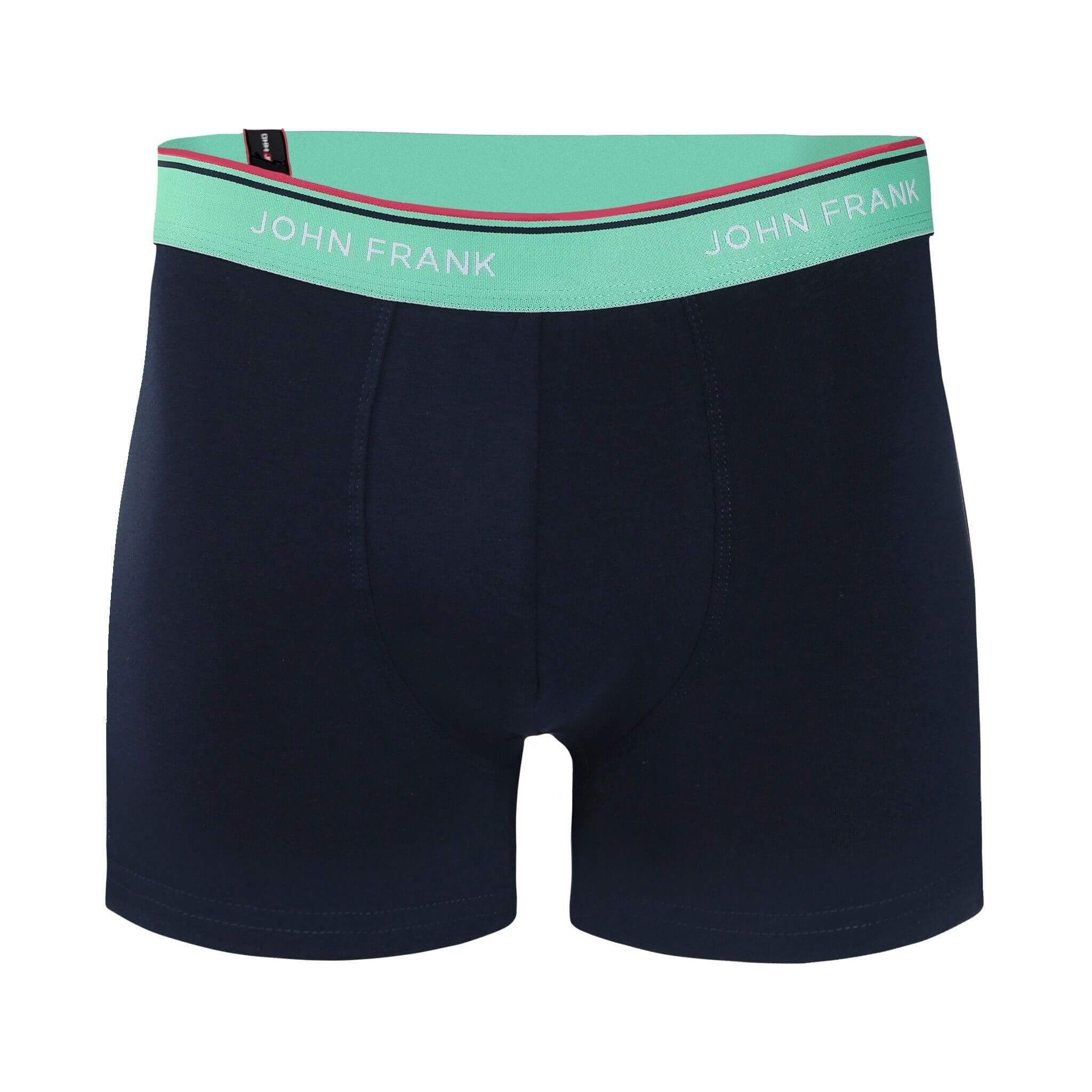 Front view of men’s 95% cotton boxer brief in midnight blue with sea green striped waistband and soft stretch