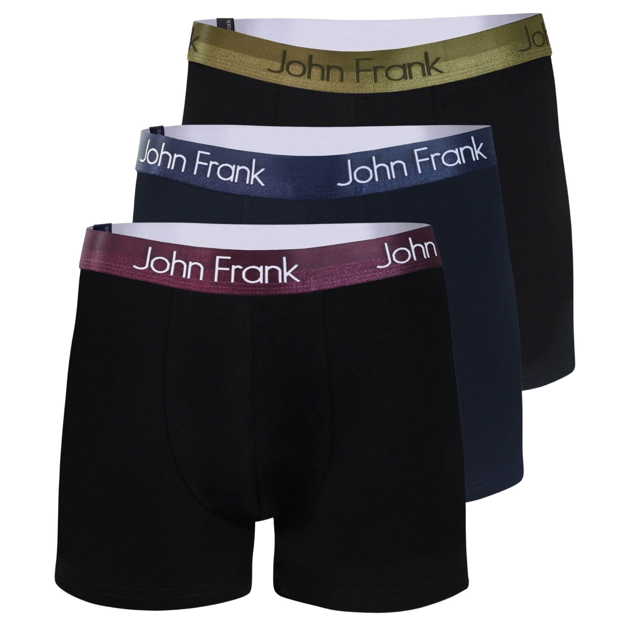 Full pack view of men’s 95% cotton boxer brief 3-pack — all black with burgundy, navy, and yellow-metal shiny waistbands