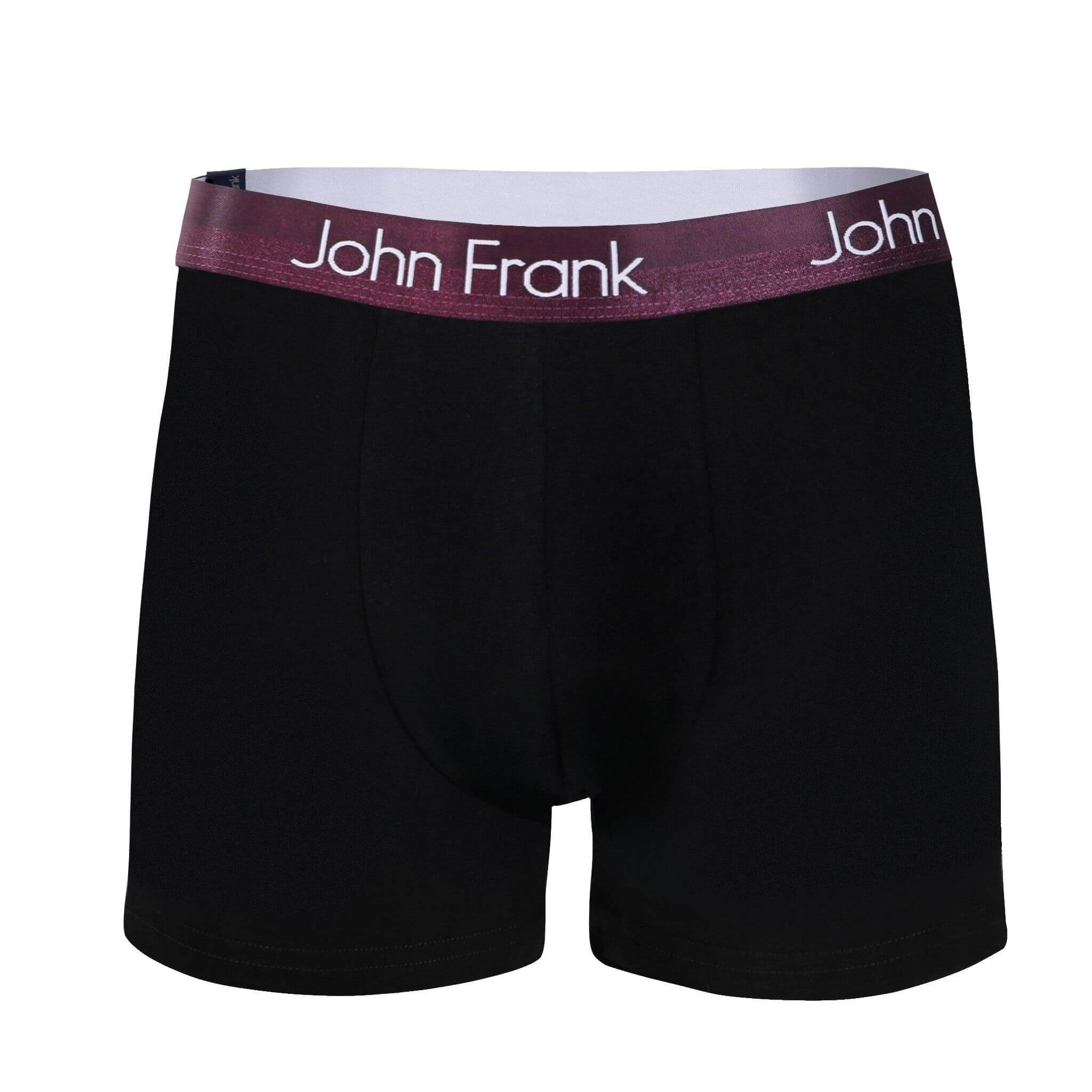 Front view of men’s 95% cotton boxer brief in black with burgundy shiny waistband, invisible seams and soft stretch