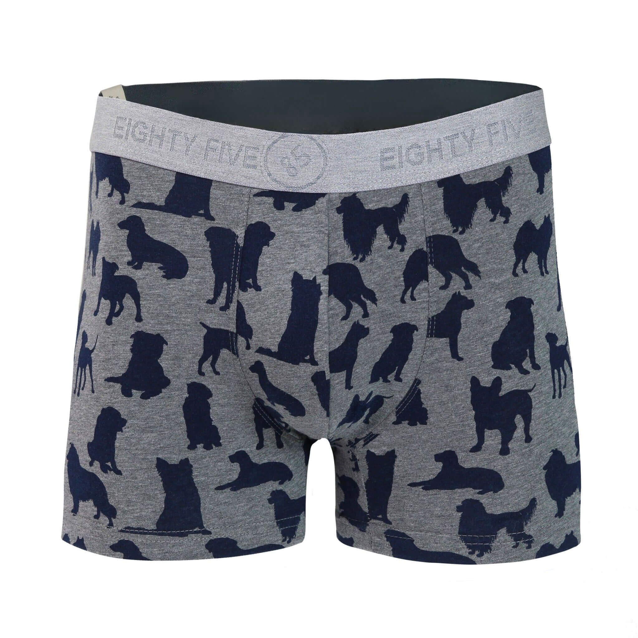 Front view of men’s 95% cotton boxer brief in gray with navy dog print, soft stretch, and no-roll waistband