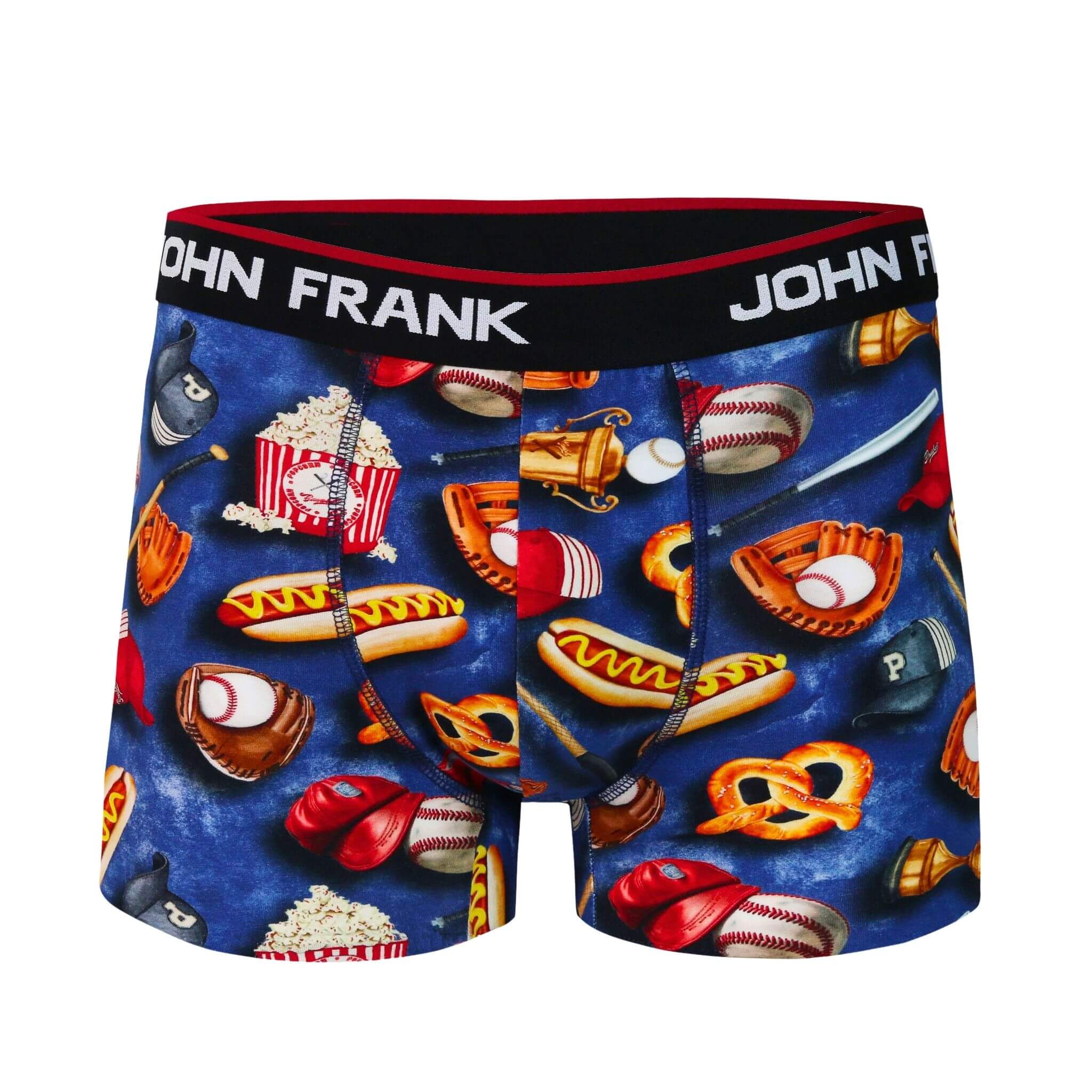 Front view of men’s 95% cotton boxer brief in baseball-inspired print with soft stretch and no-roll waistband