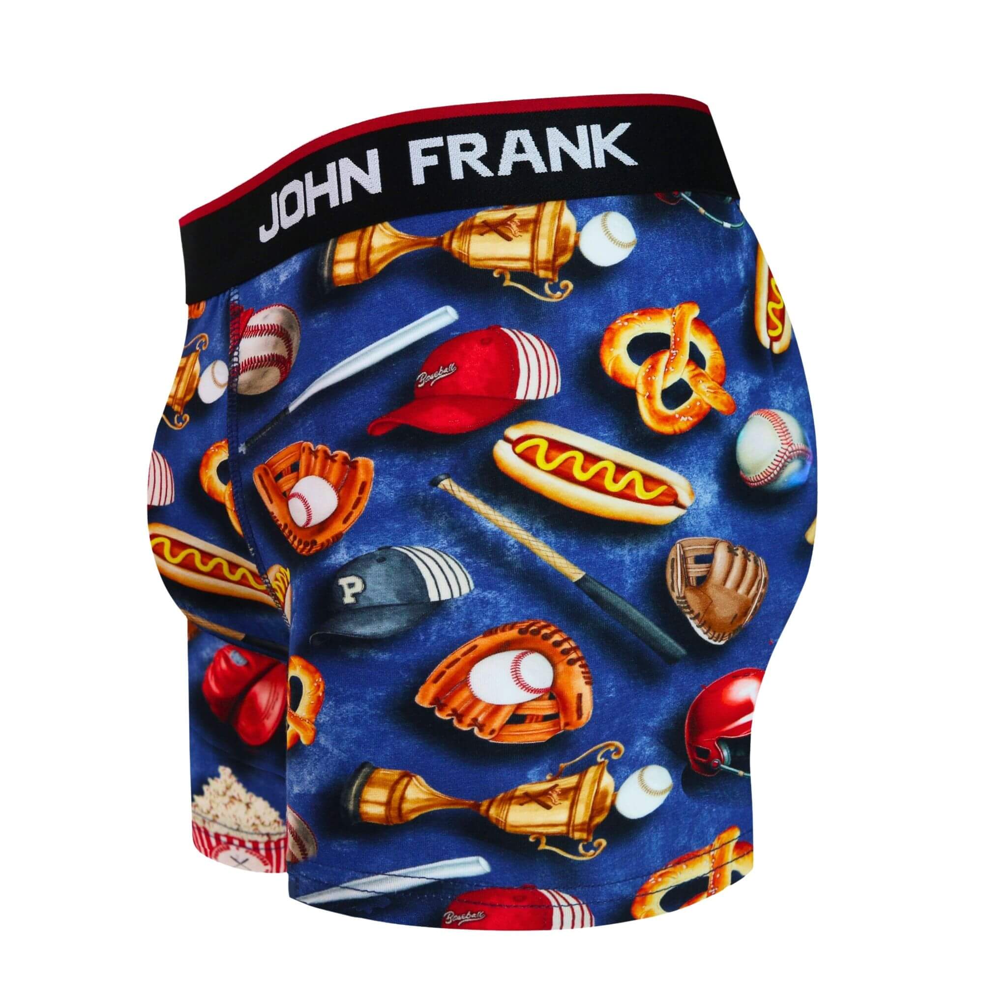 Side view of men’s 95% cotton boxer brief in multicolor baseball-inspired print with contoured pouch and tailored leg cut
