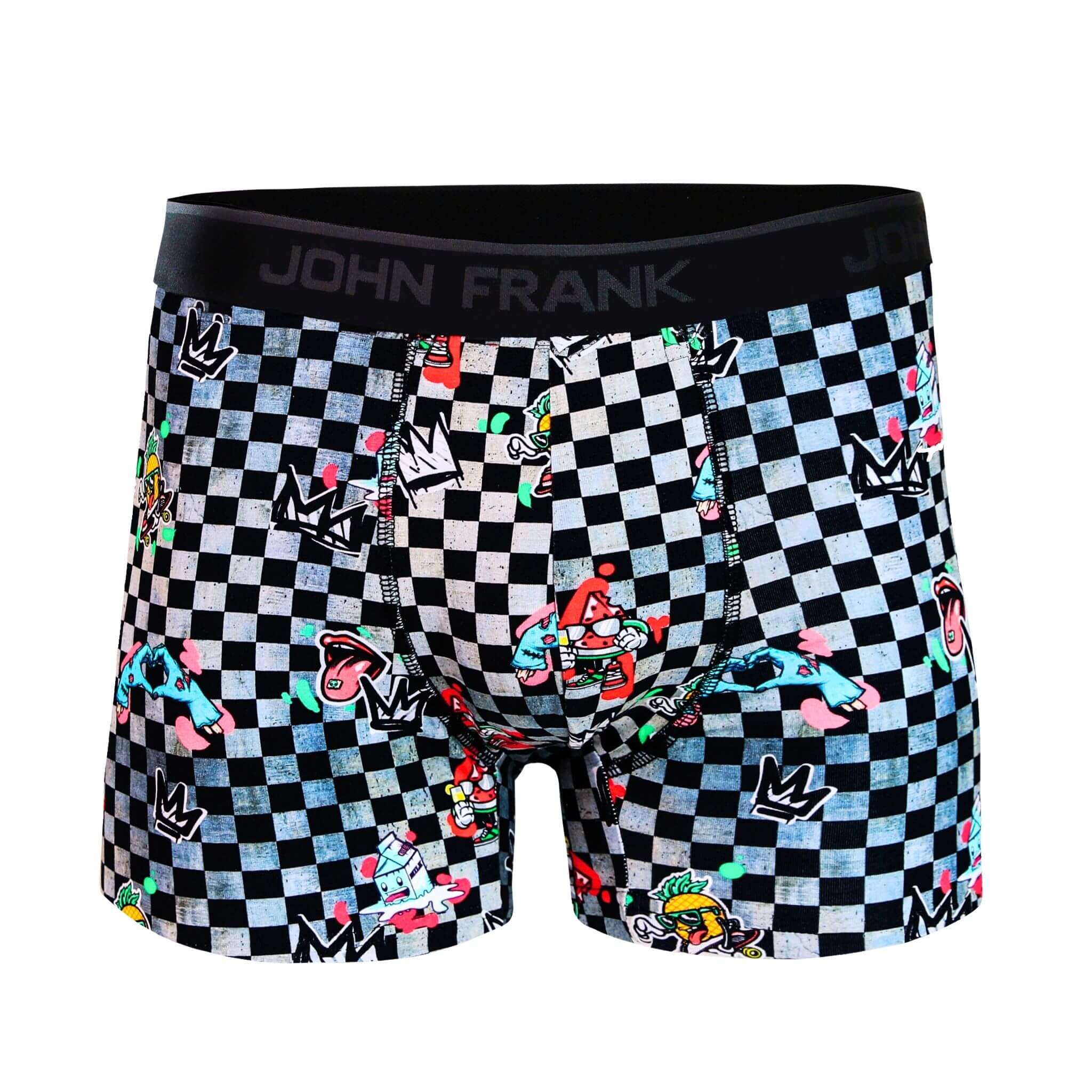 Front view of men’s 95% cotton boxer brief in checkered surrealist print with smooth waistband and soft stretch fit