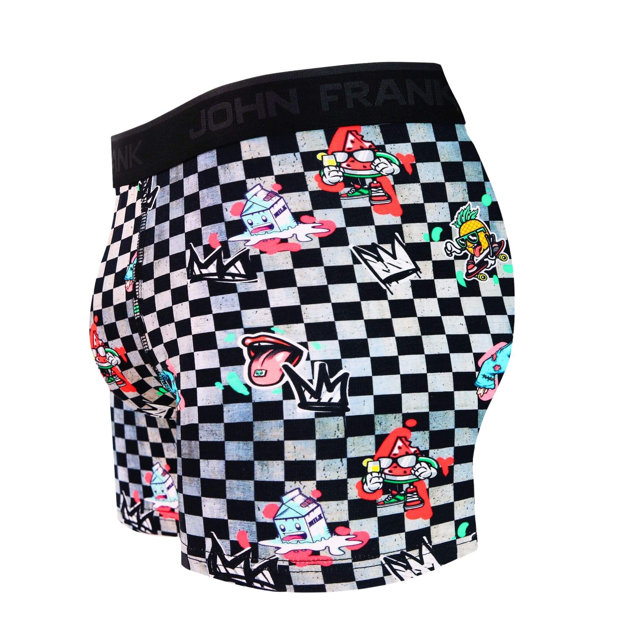 Side view of men’s 95% cotton boxer brief in checkered surrealist print with contoured pouch and tailored leg cut