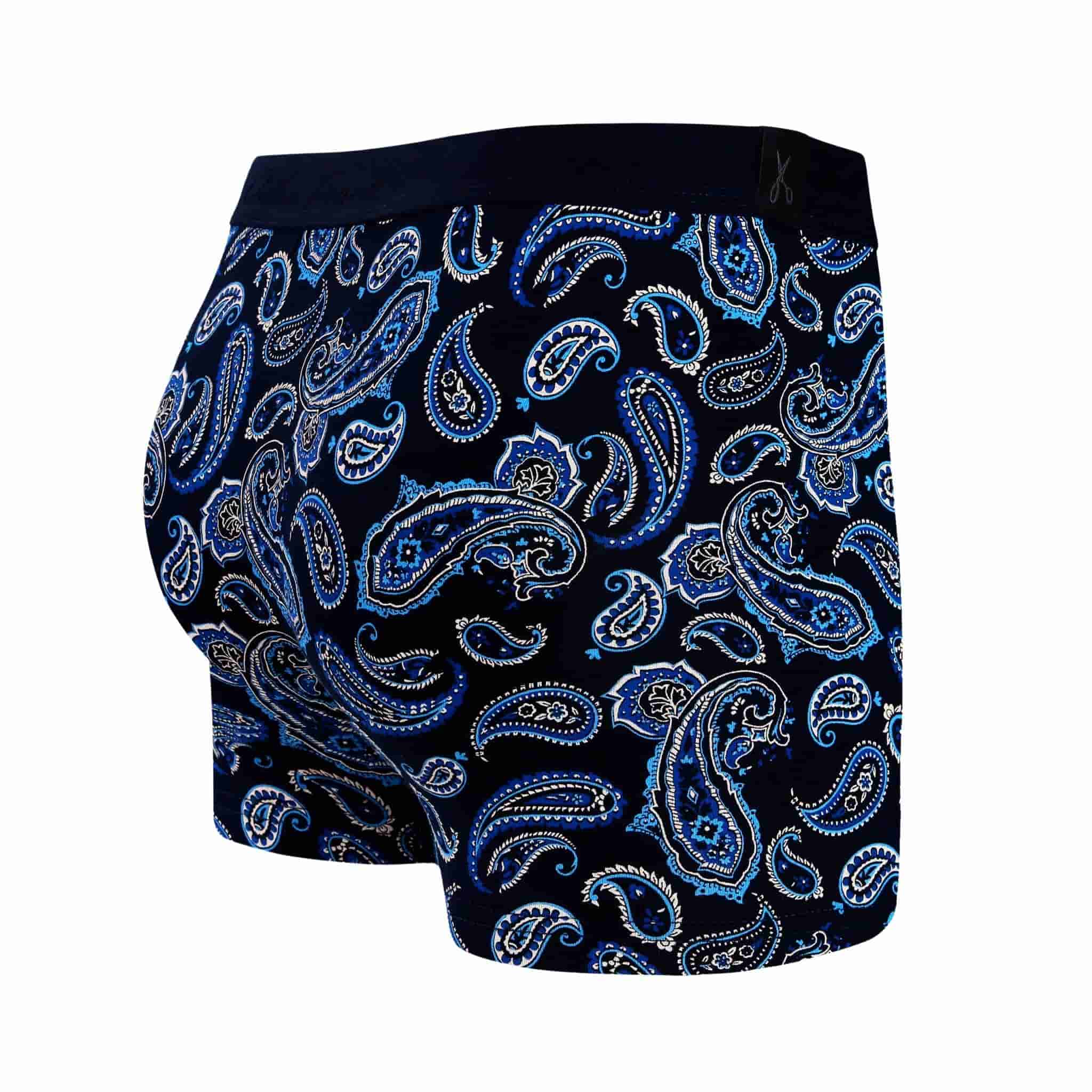 Back view of men’s 95% cotton boxer brief in navy with sax blue paisley print, no-roll waistband, and clean rear detail
