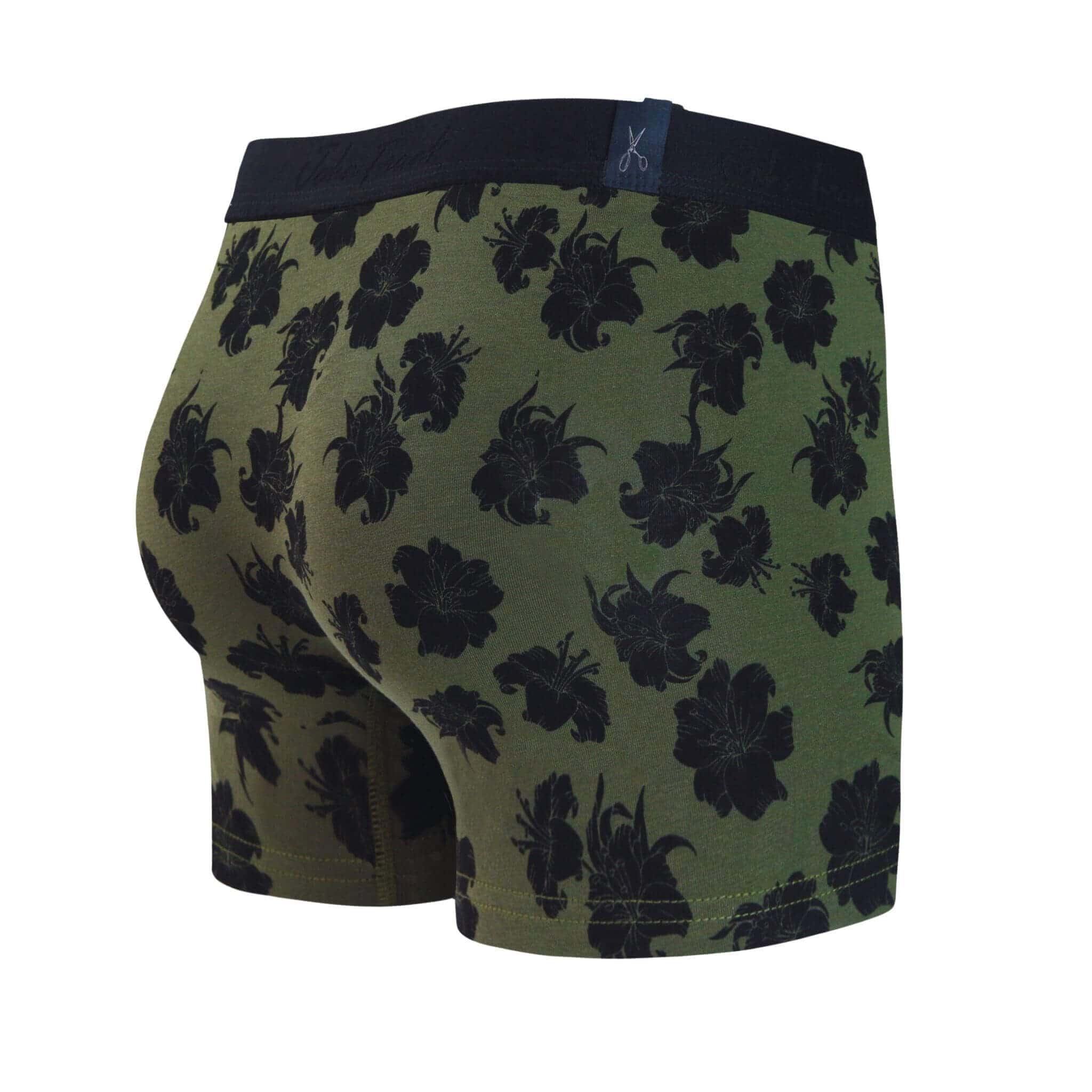 Back view of men’s 95% cotton boxer brief in olive with black hibiscus print, no-roll waistband, and clean rear detail