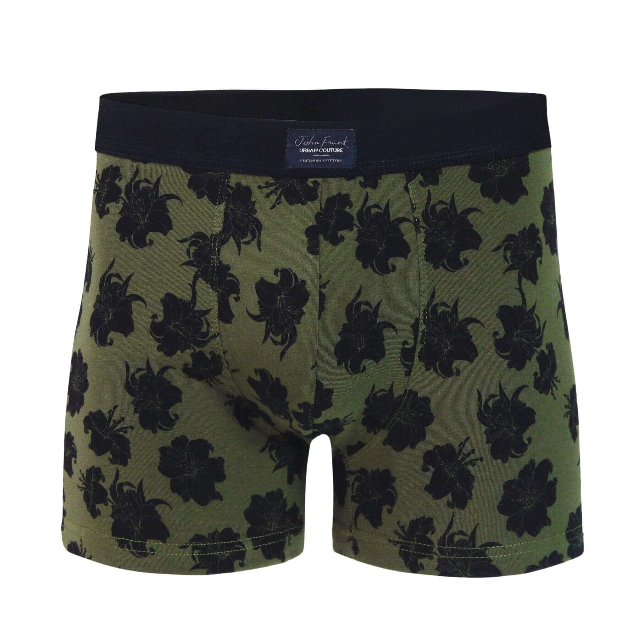 Front view of men’s 95% cotton boxer brief in olive with black hibiscus print, no-roll waistband, and soft stretch