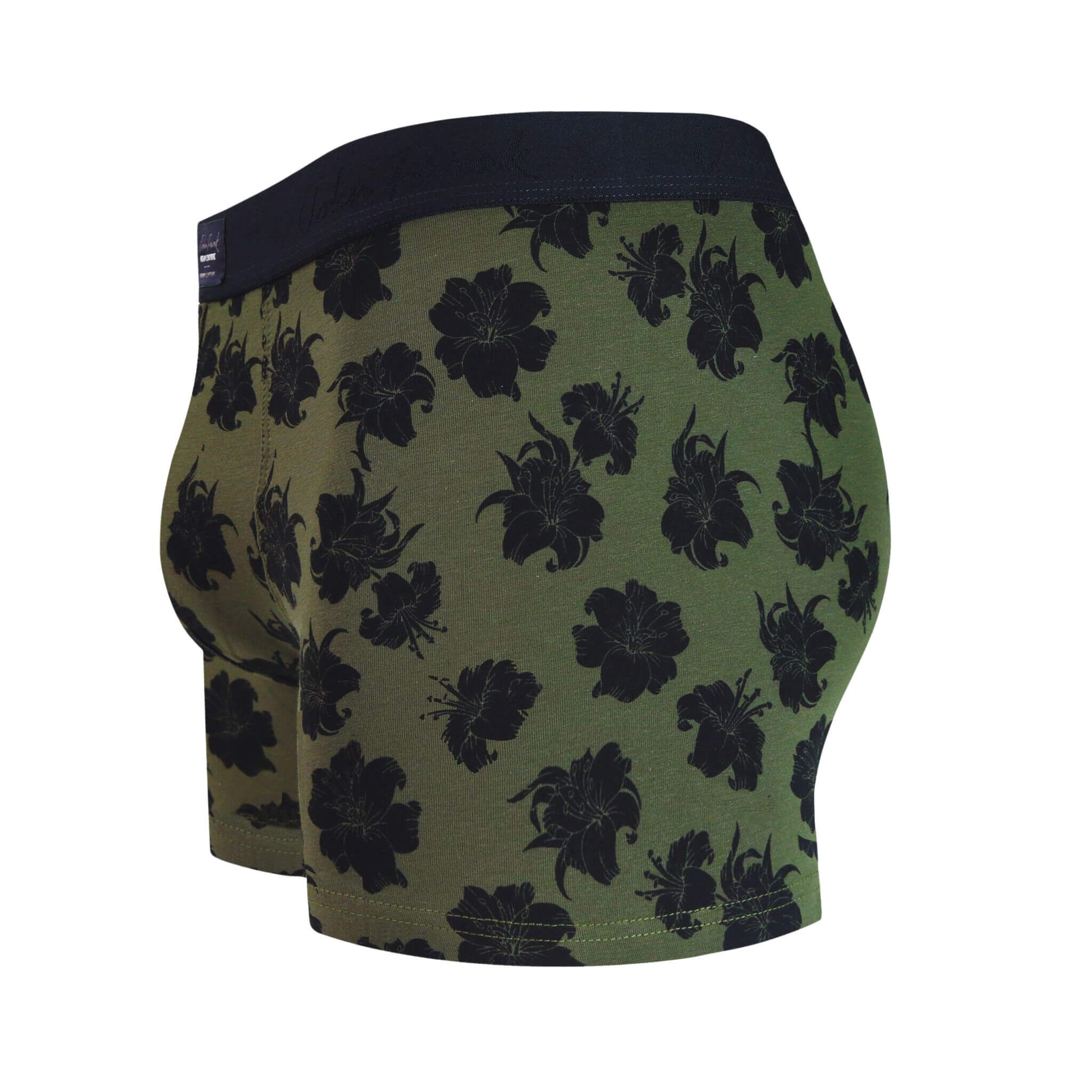 Side view of men’s 95% cotton boxer brief in olive with black hibiscus print, contoured pouch, and tailored leg cut