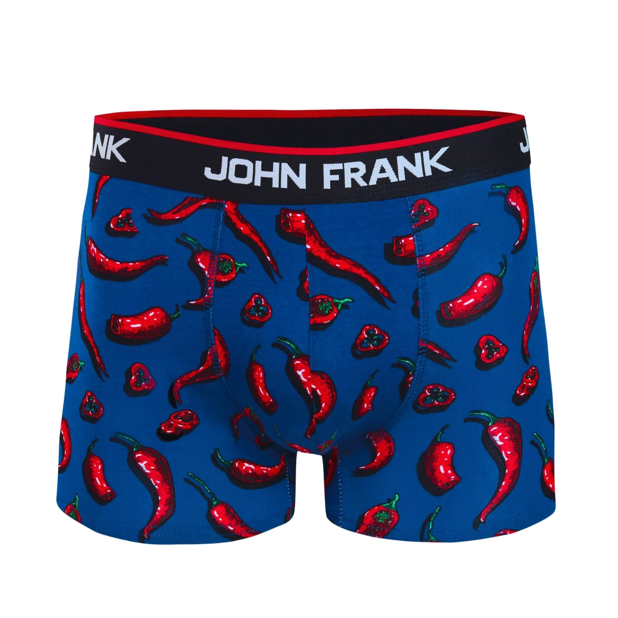 Front view of men’s 95% cotton boxer brief in blue with chili pepper print, smooth waistband, and soft stretch fit