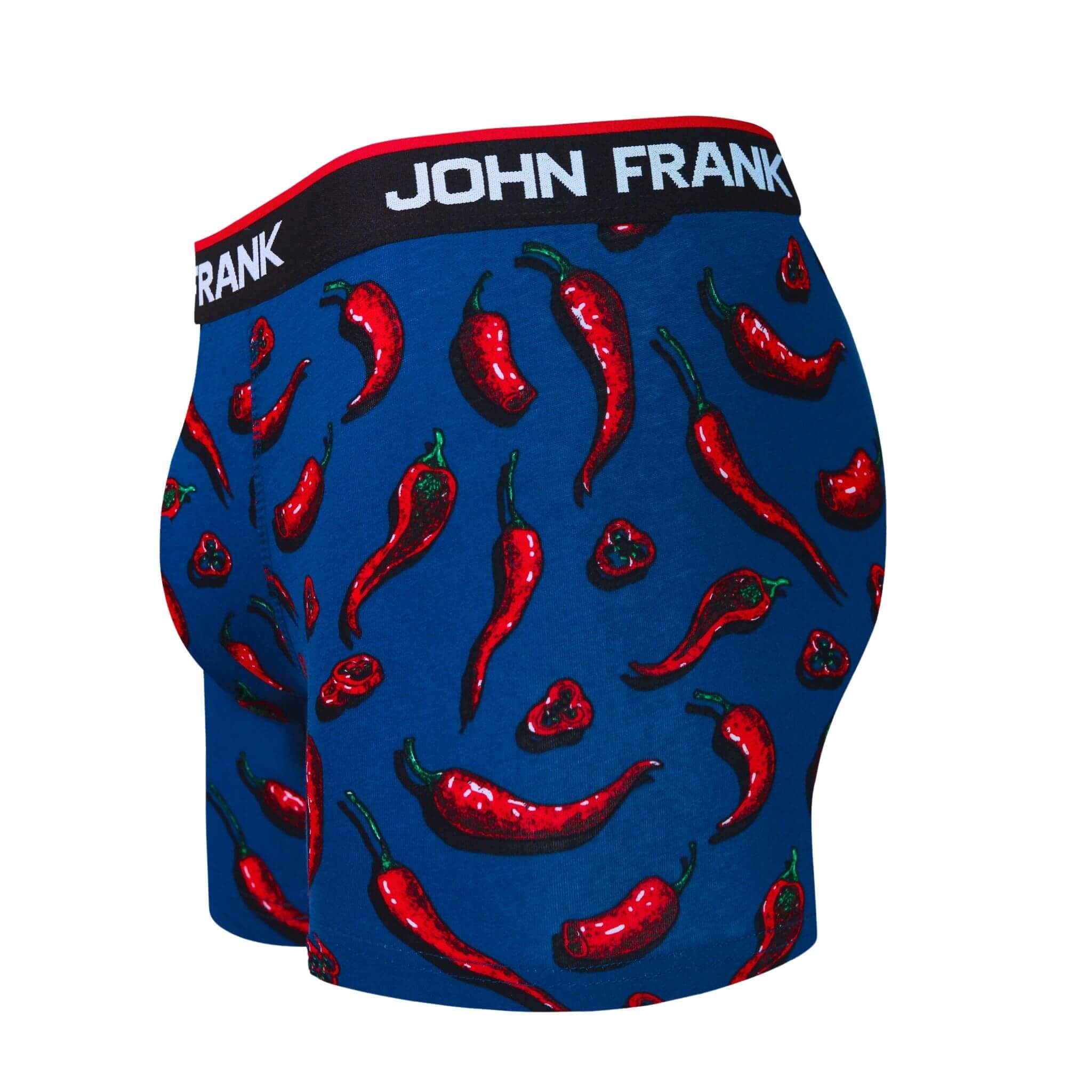 Side view of men’s 95% cotton boxer brief in blue with chili pepper print, contoured pouch, and tailored leg cut