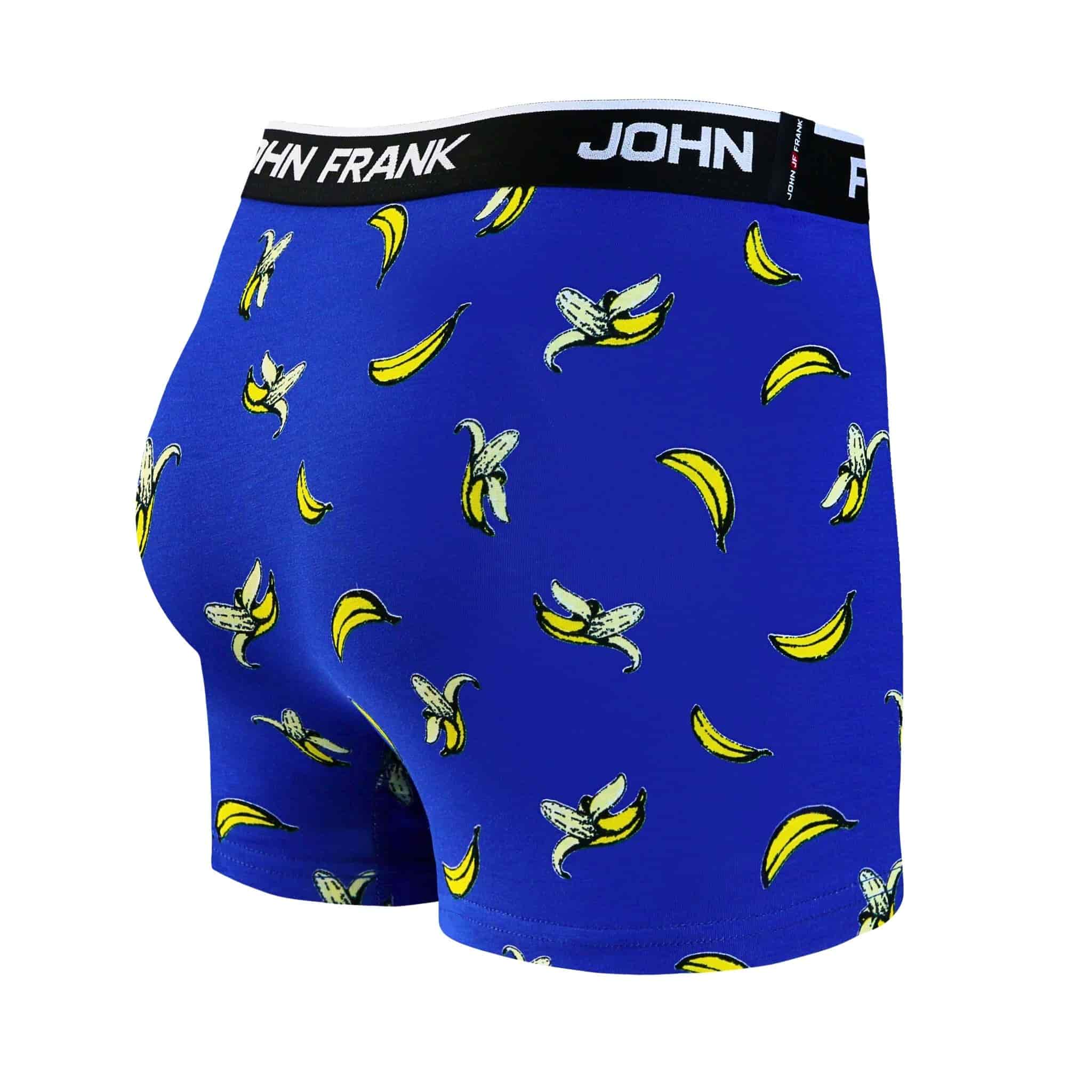 Back view of men’s 95% black cotton boxer brief in blue bananas print with smooth waistband and rear detail