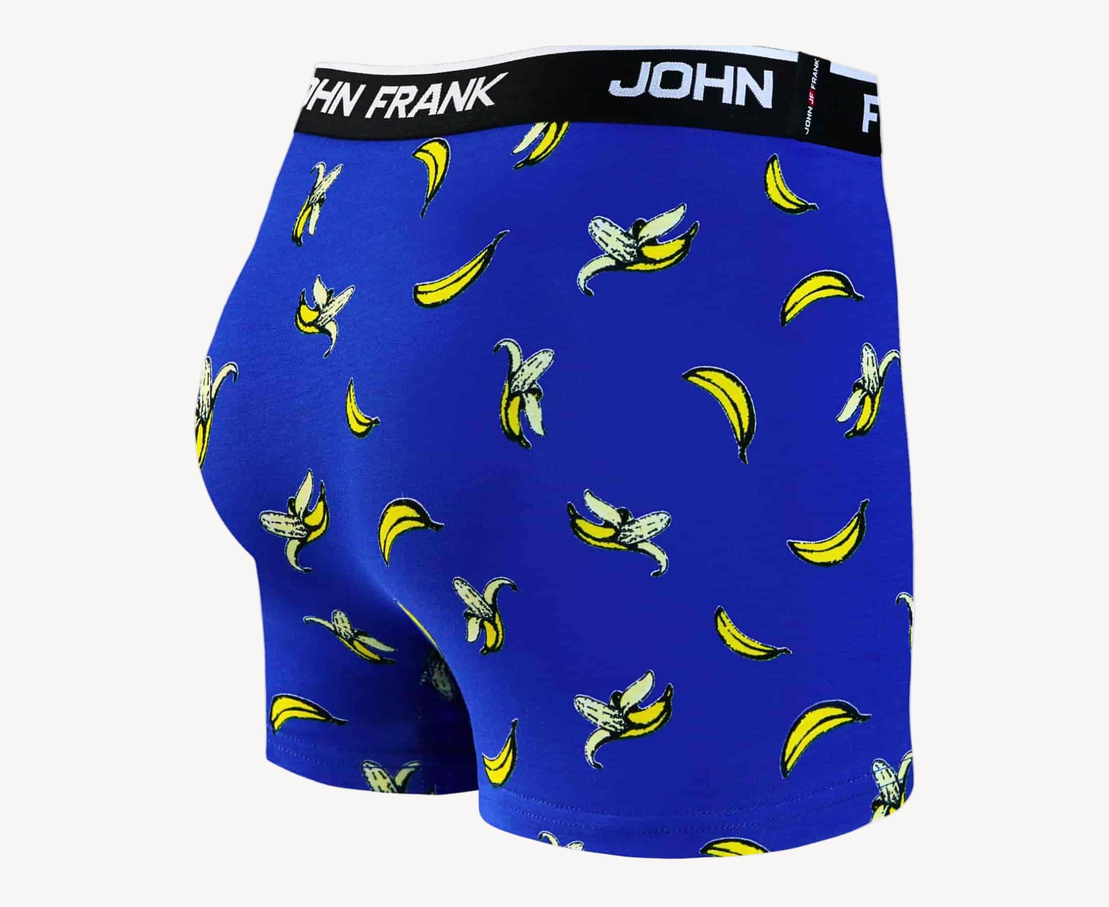 Back view of men’s 95% black cotton boxer brief in blue bananas print with smooth waistband and rear detail