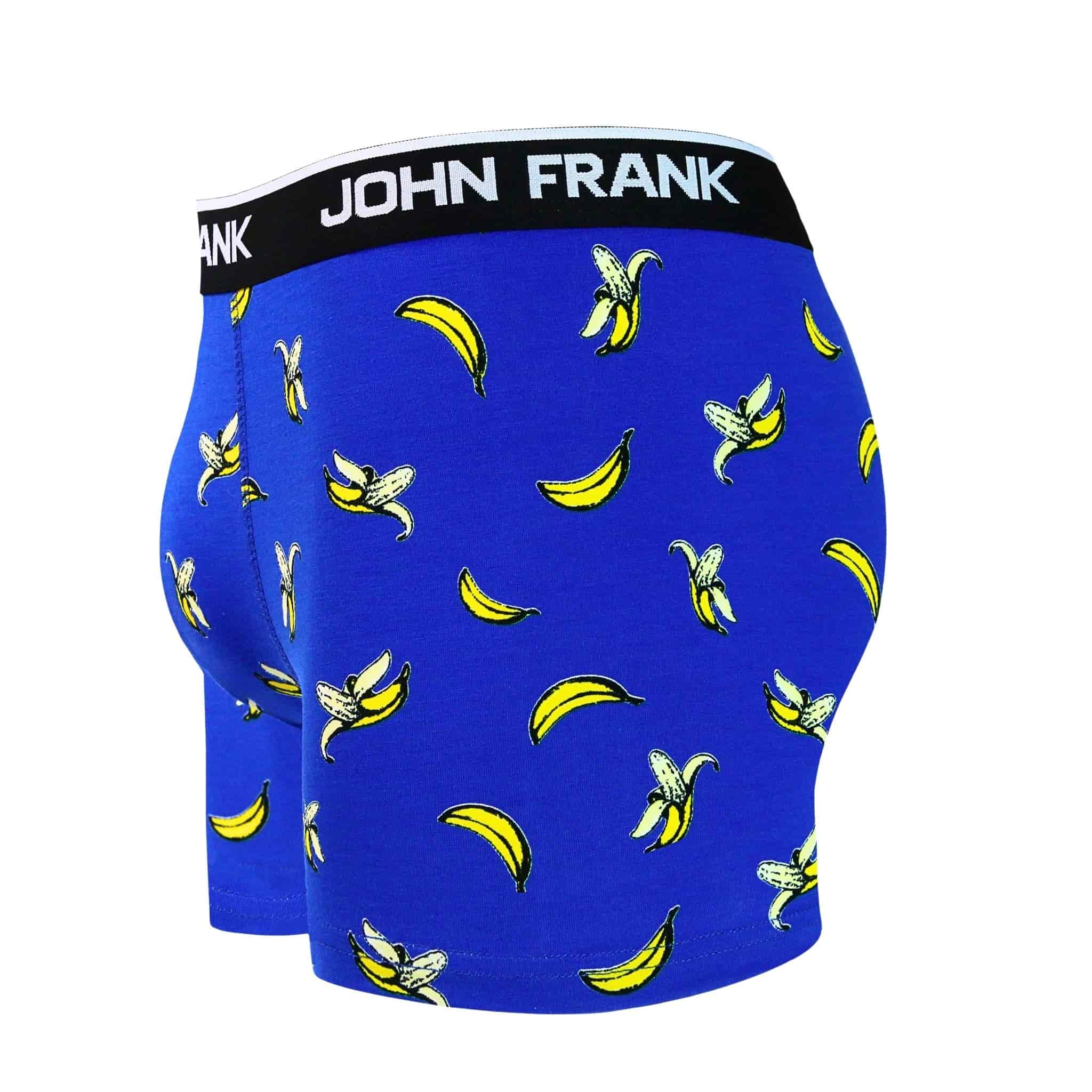 Side view of men’s 95% cotton boxer brief in sapphire blue with banana print, contoured pouch, and tailored leg cut