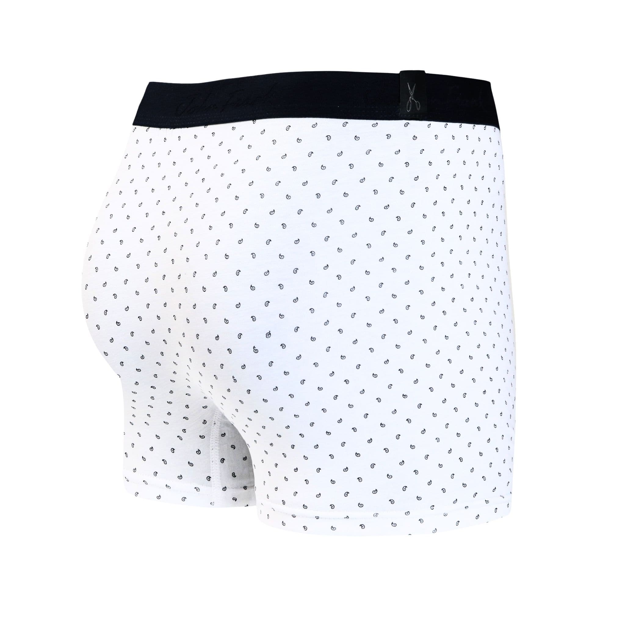 Back view of men’s 95% cotton boxer brief in white with black paisley print, no-roll waistband, and clean rear detail