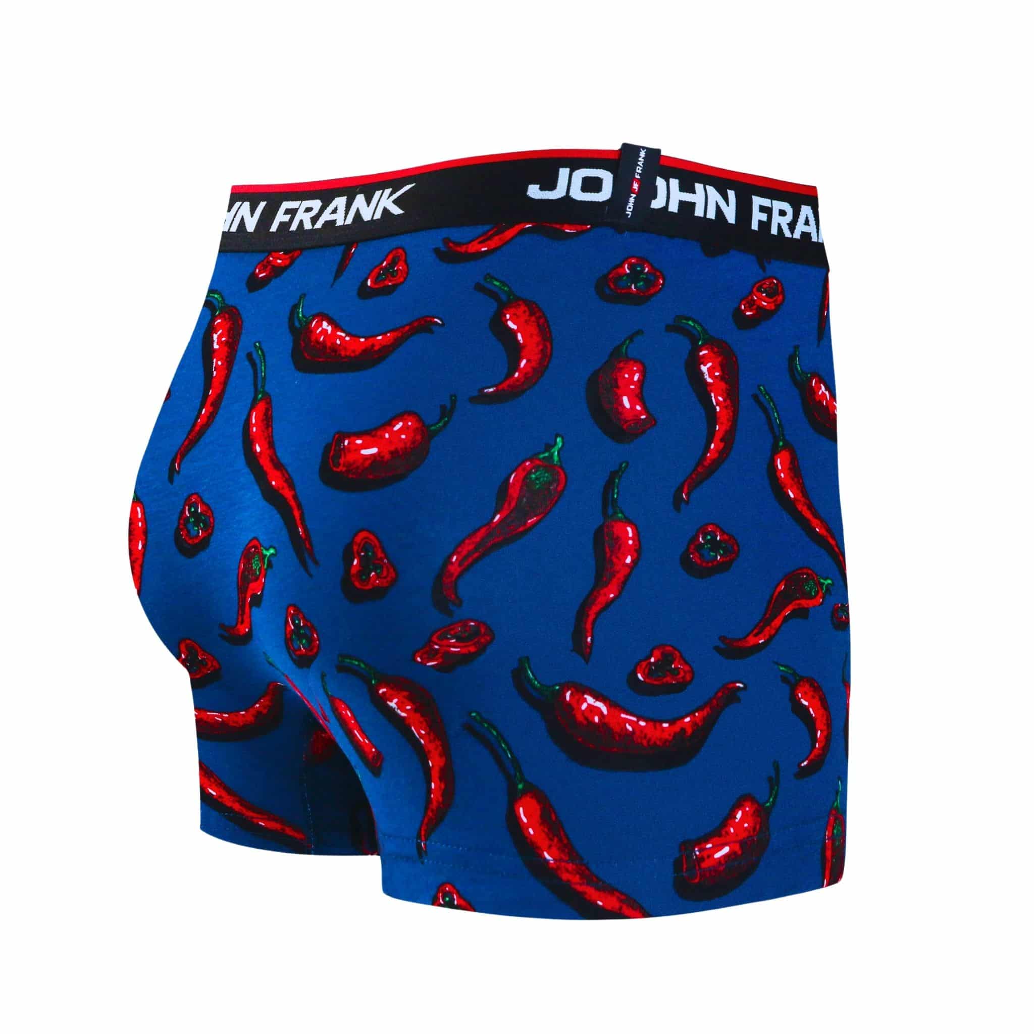Back view of men’s 95% cotton boxer brief in blue with chili pepper print, smooth waistband, and rear detail