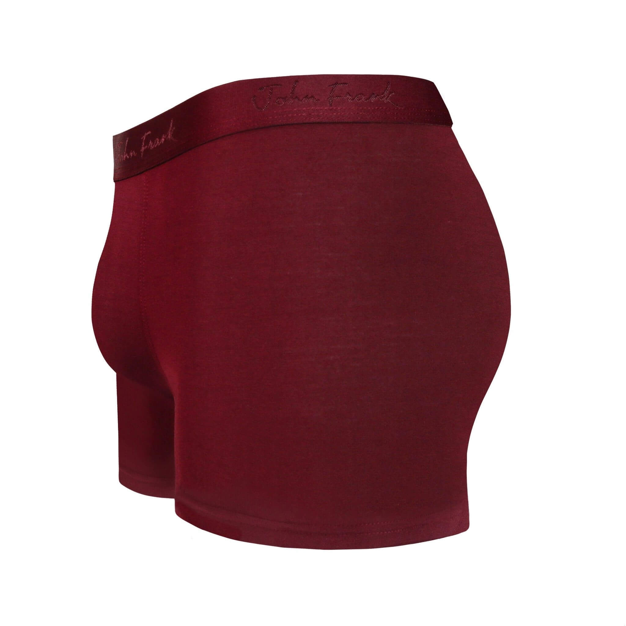 Side view of men’s 95% micromodal boxer brief in bordeaux with contoured pouch and tailored leg cut