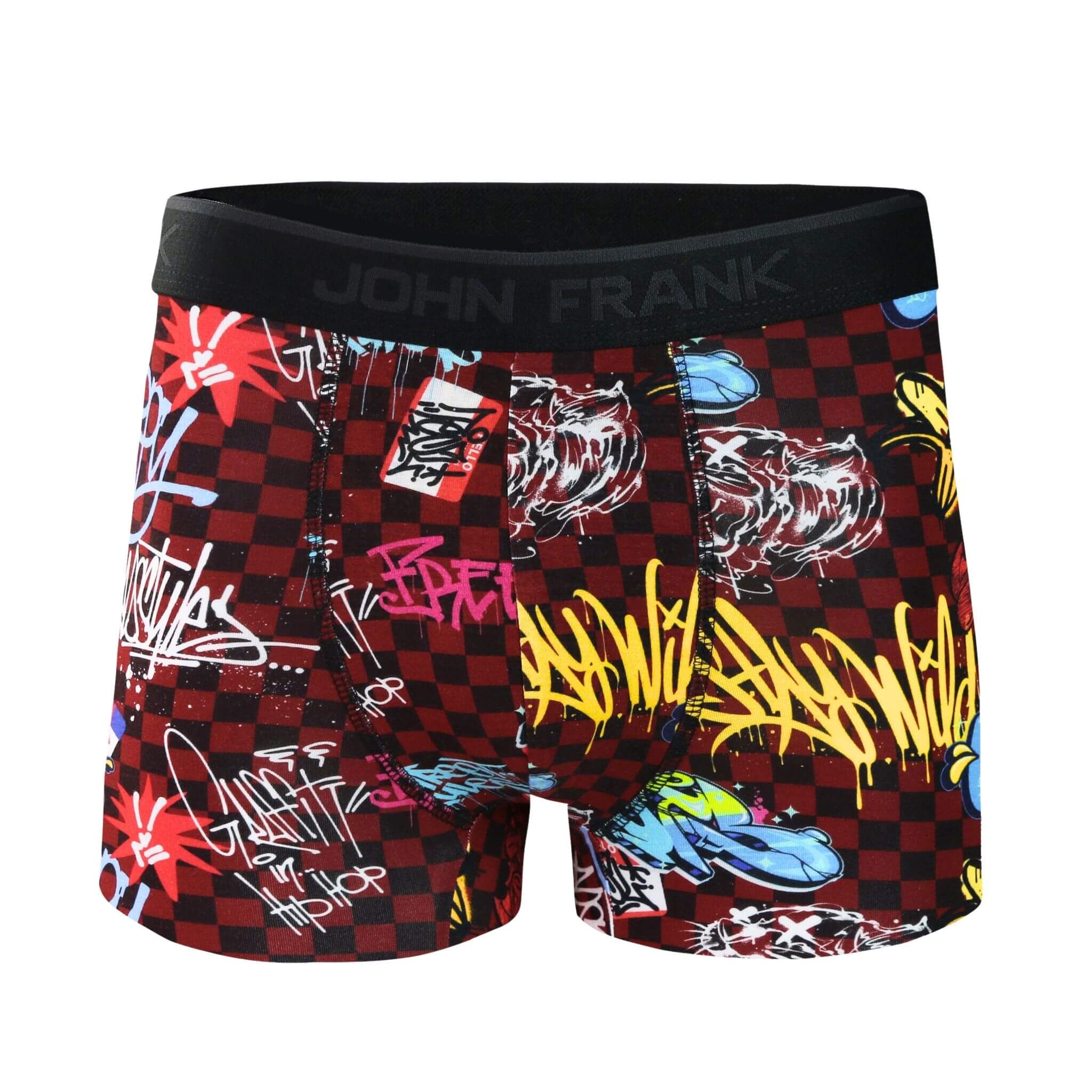 Front view of men’s 95% micromodal boxer brief in burgundy with graffiti-inspired print, soft stretch and no-roll waistband