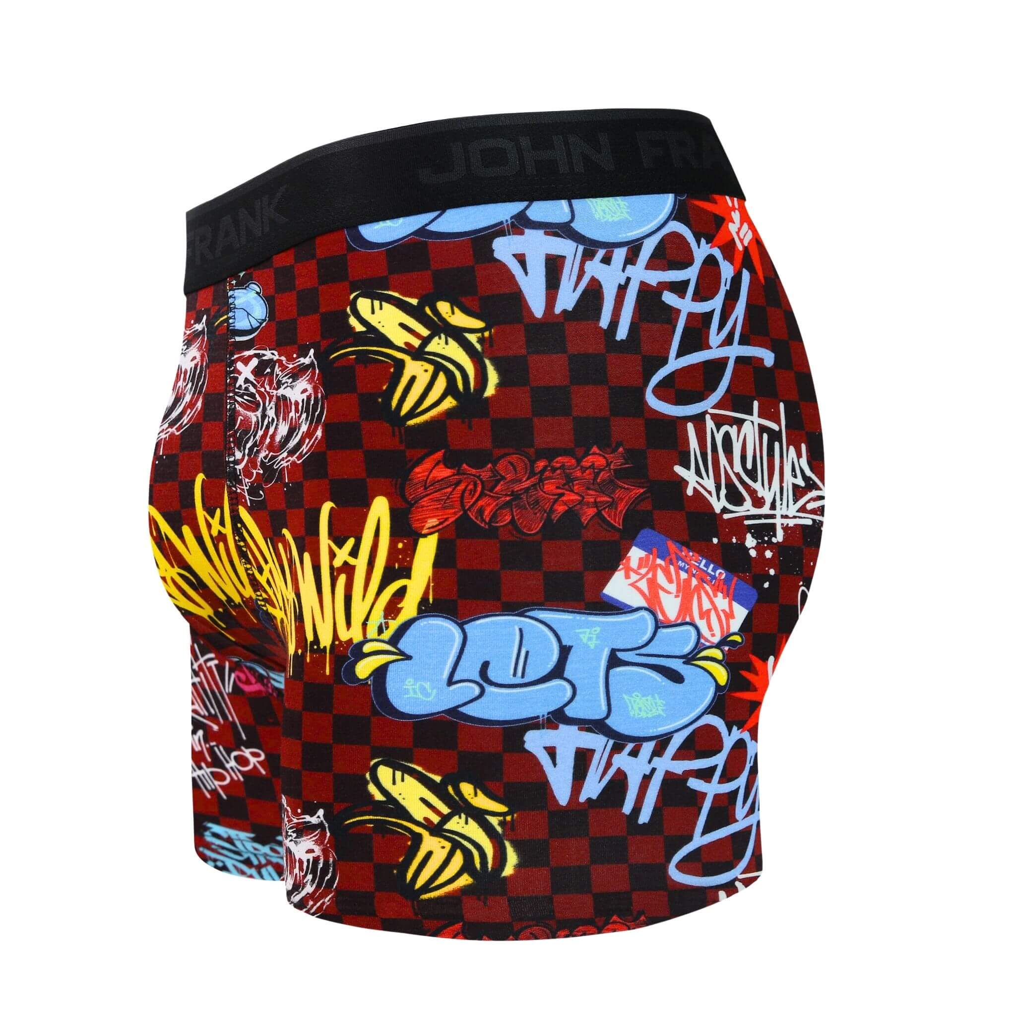 Side view of men’s 95% micromodal boxer brief in burgundy with graffiti-inspired print, contoured pouch and tailored leg cut