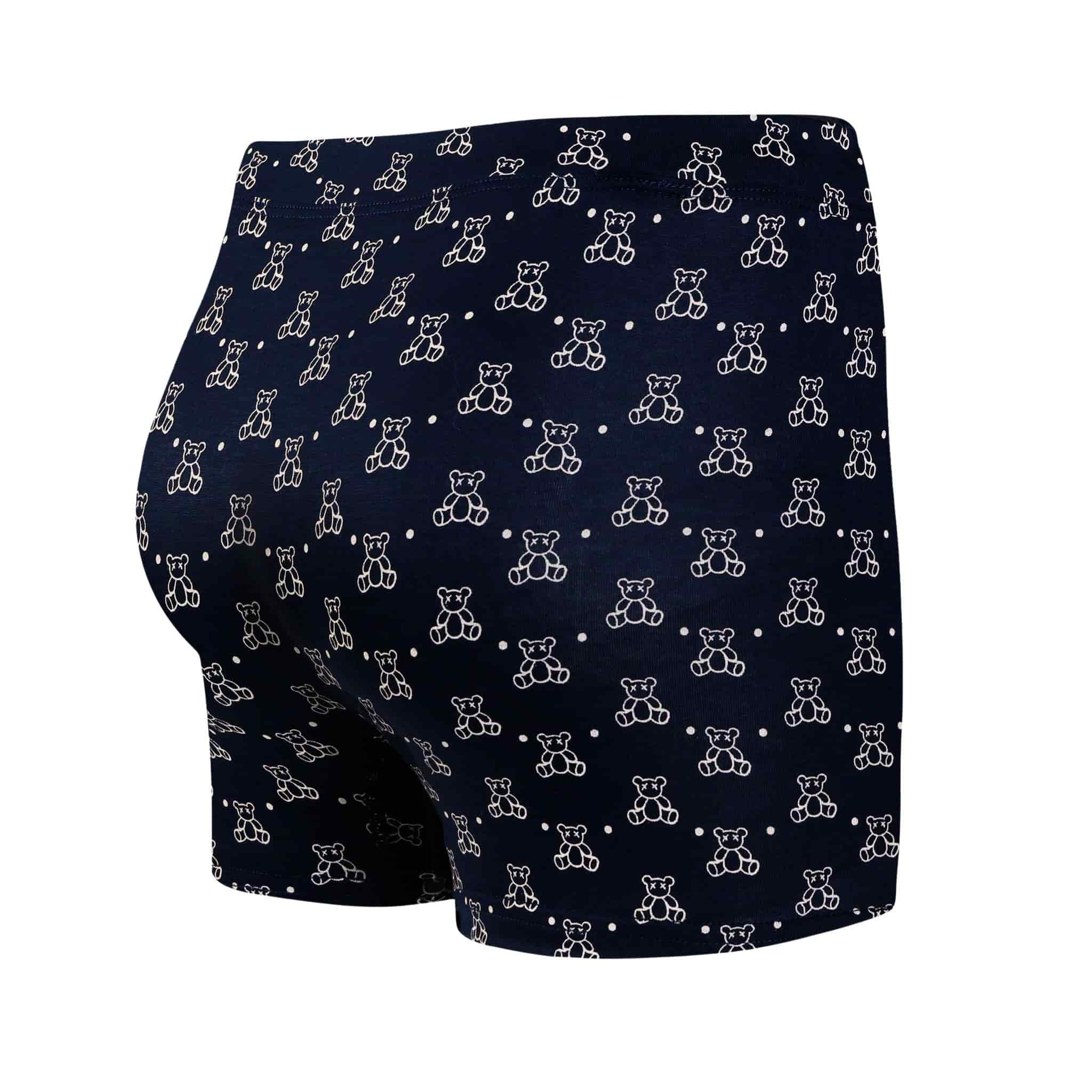 Back view of men’s 95% micromodal boxer brief in navy with teddy bear print, smooth fabric-covered waistband and rear detail