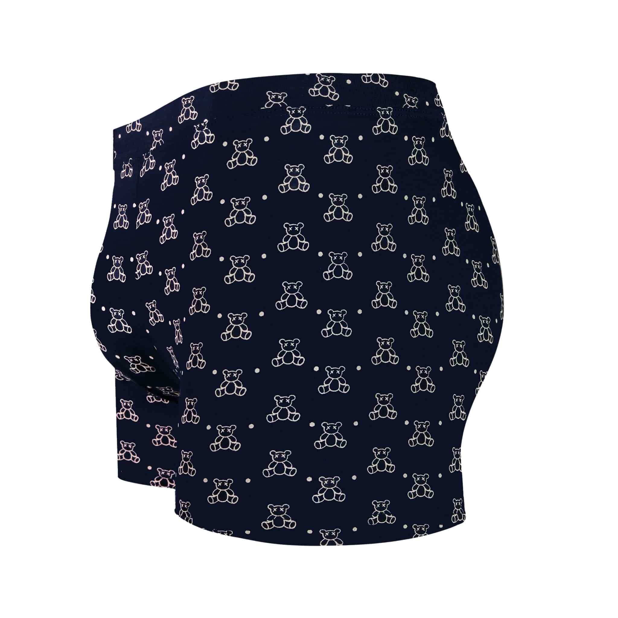 Side view of men’s 95% micromodal boxer brief in navy with teddy bear print, contoured pouch and tailored leg cut