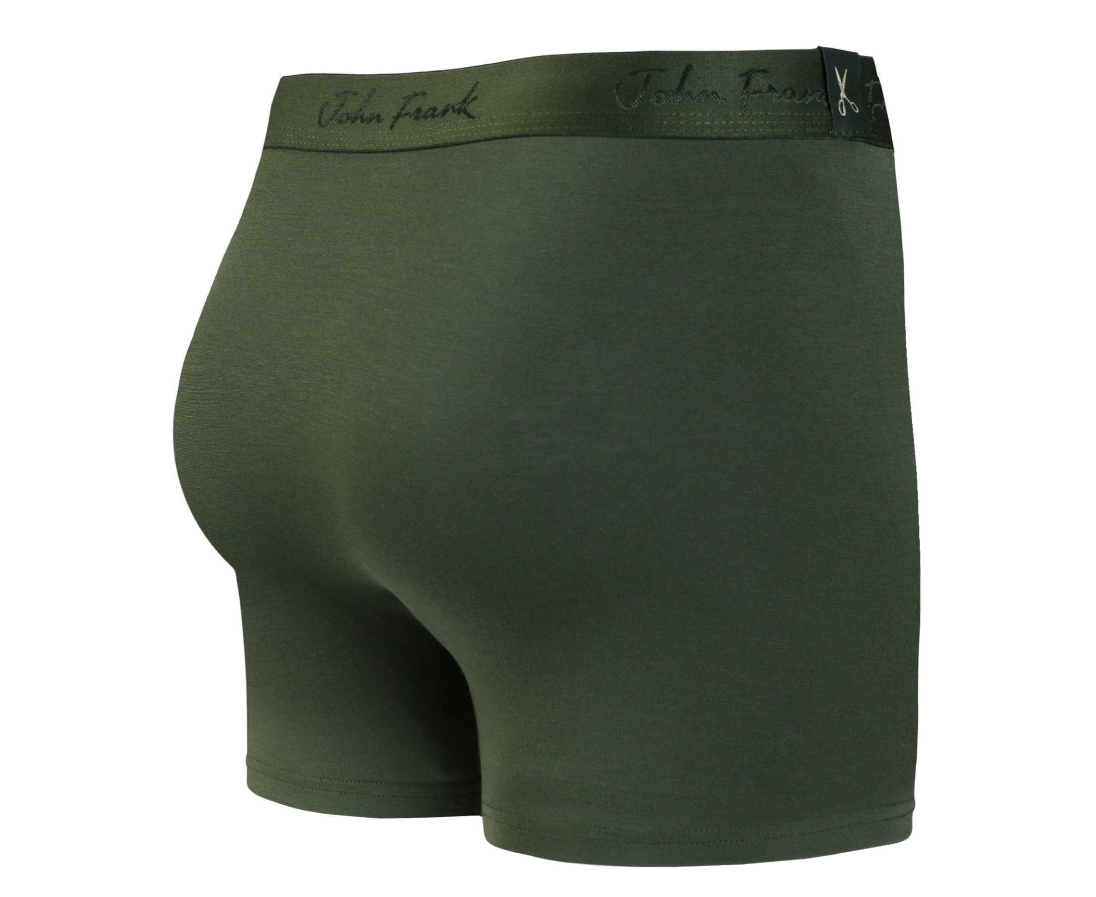 Back view of men’s 95% micromodal boxer brief in olive with tonal waistband featuring subtle sheen and clean rear detail