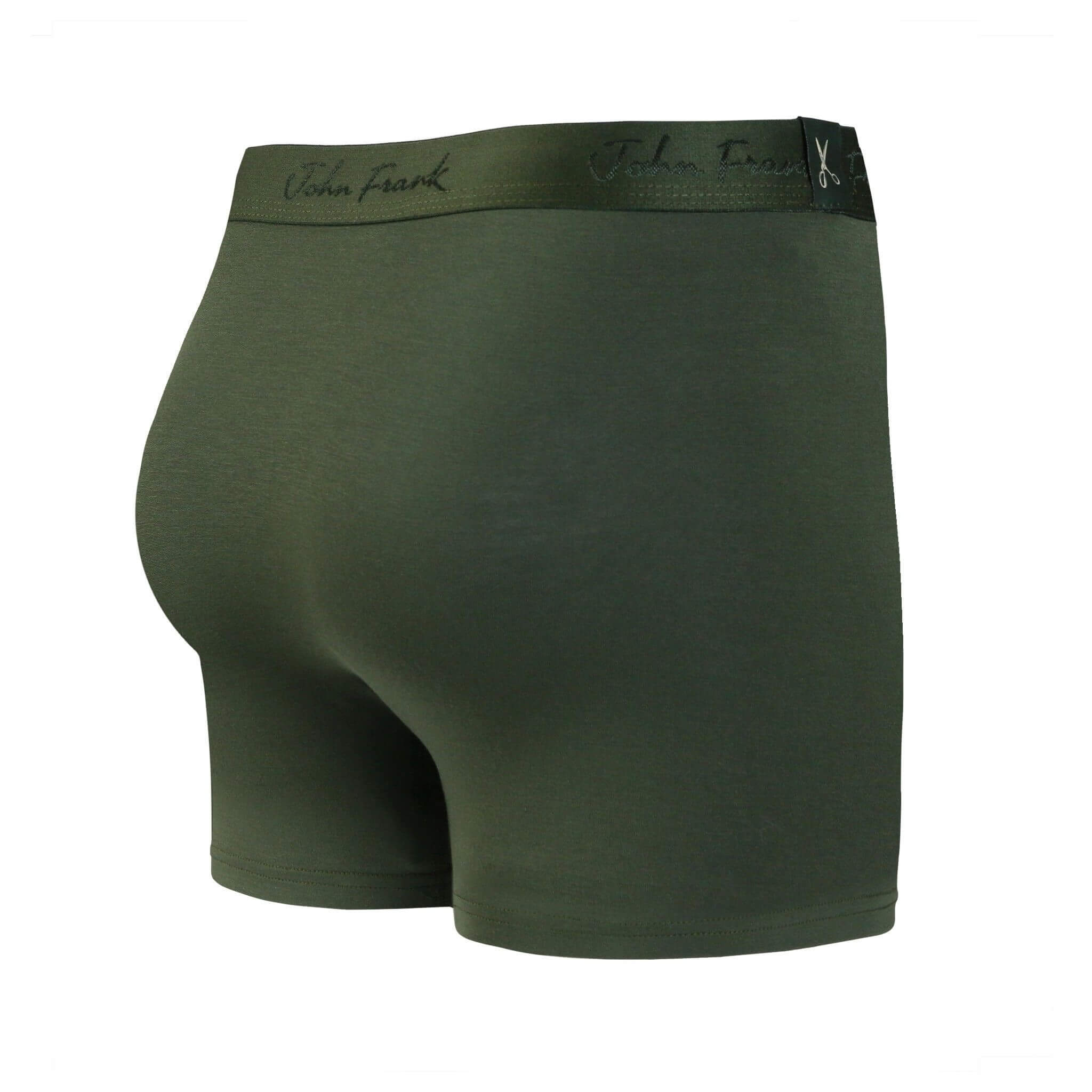 Back view of men’s 95% micromodal boxer brief in olive with tonal waistband featuring subtle sheen and clean rear detail