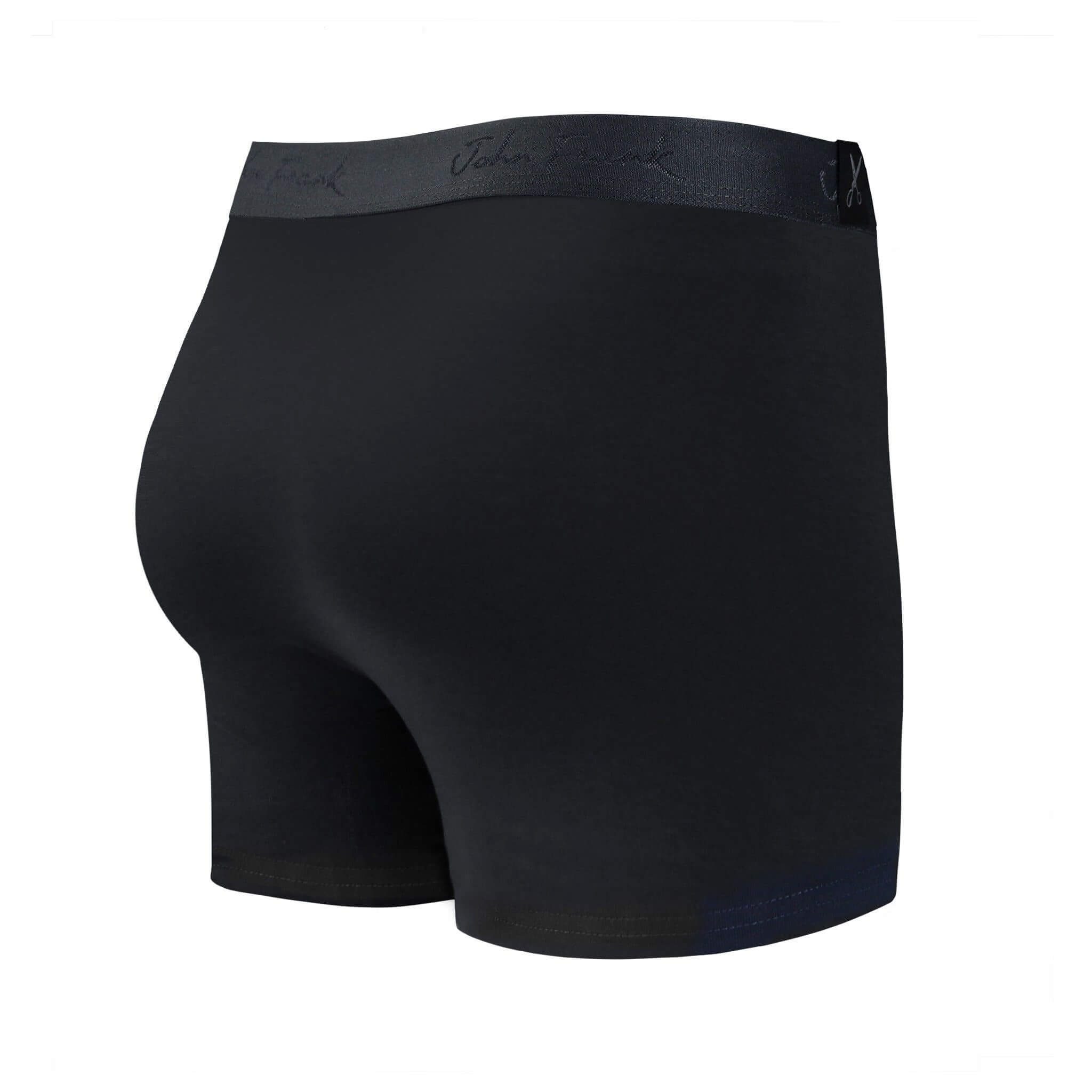 Back view of men’s 95% micromodal boxer brief in pitch black with tonal waistband featuring subtle sheen and clean rear detail