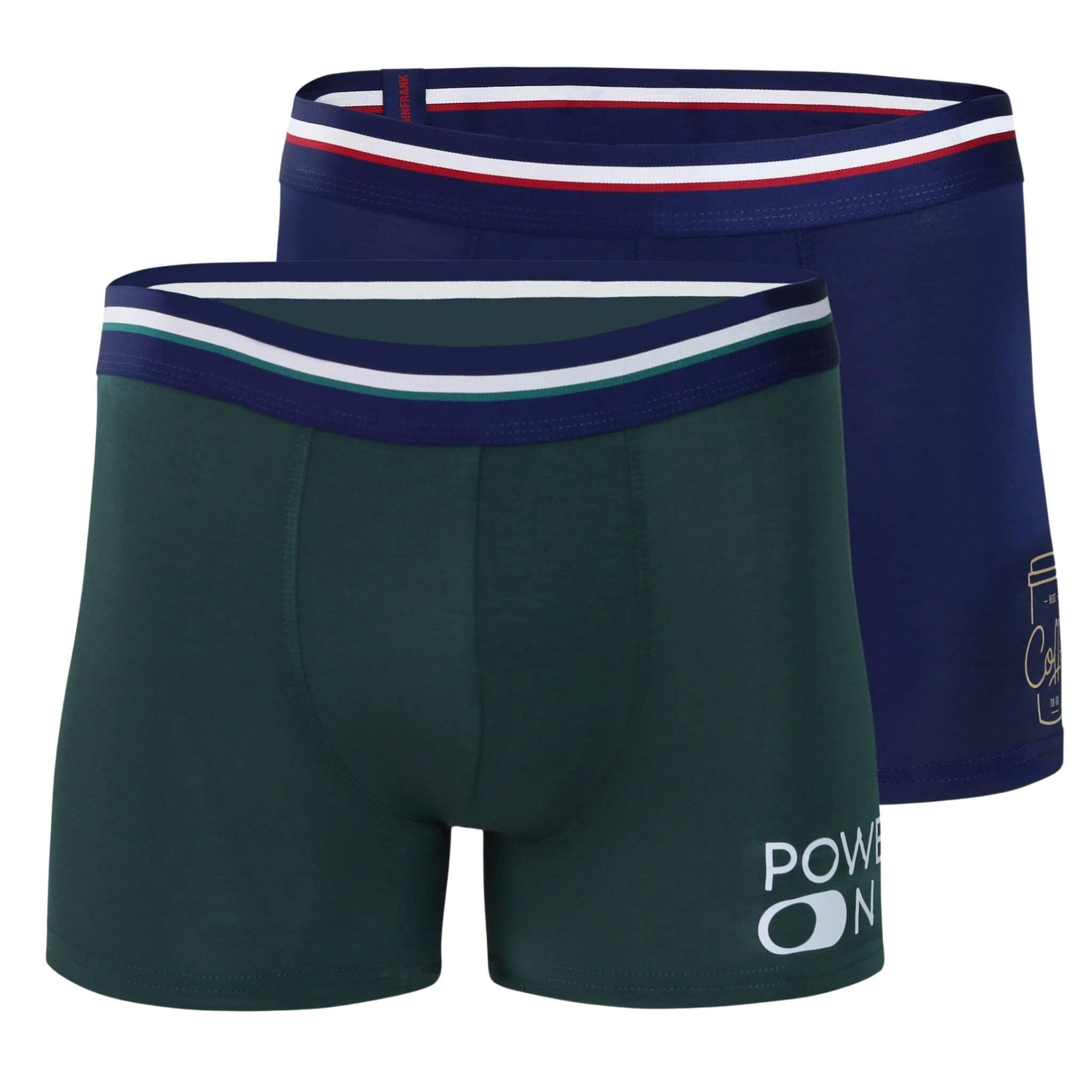 Full pack view of men’s 95% micromodal boxer brief 2-pack — one emerald green with power-on print and one navy with coffee cup print, both with striped navy waistbands