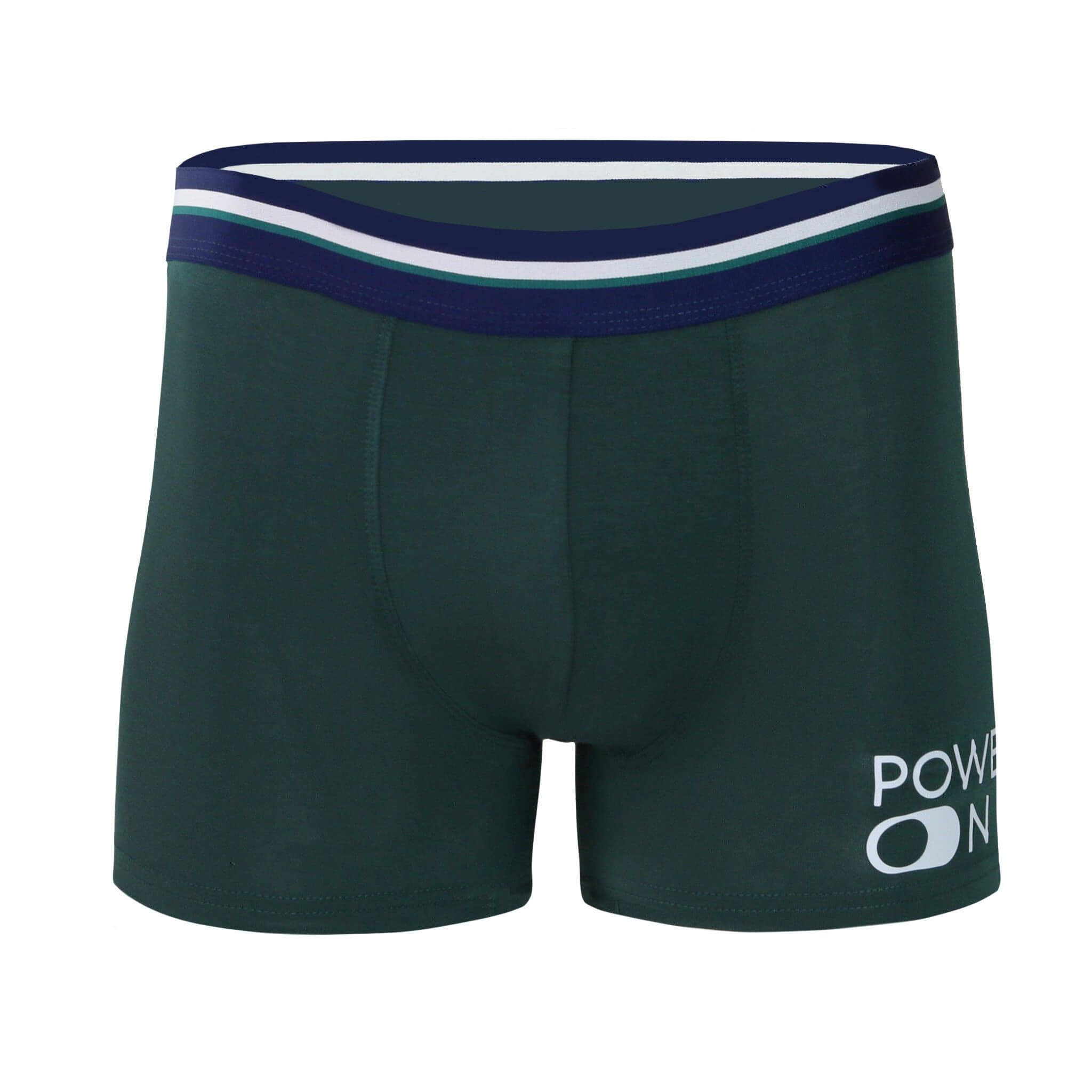 Front view of men’s 95% micromodal boxer brief in emerald green with power-on print and striped navy waistband, soft stretch and smooth finish

