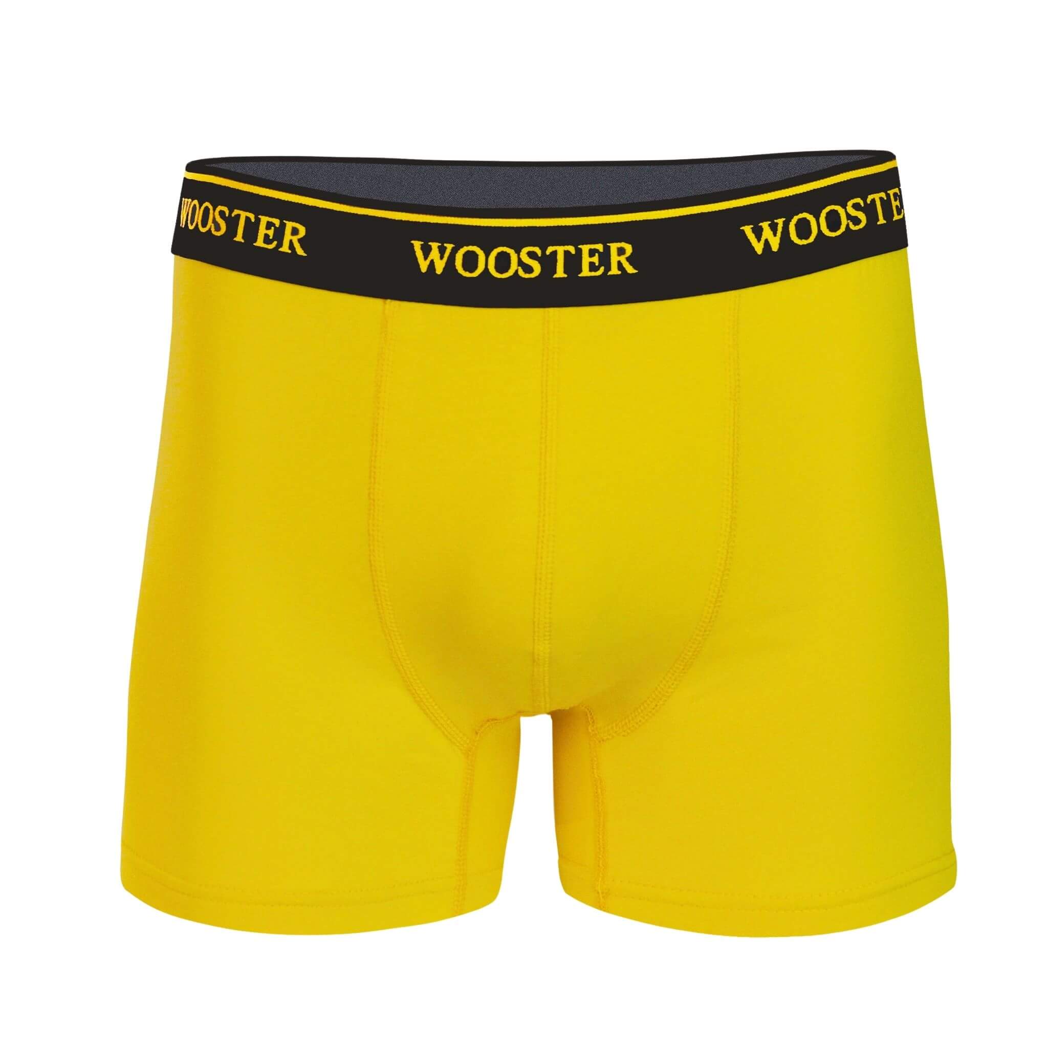 Front view of men’s 95% cotton boxer brief in sunshine yellow with relaxed fit, soft stretch cotton, and no-roll waistband