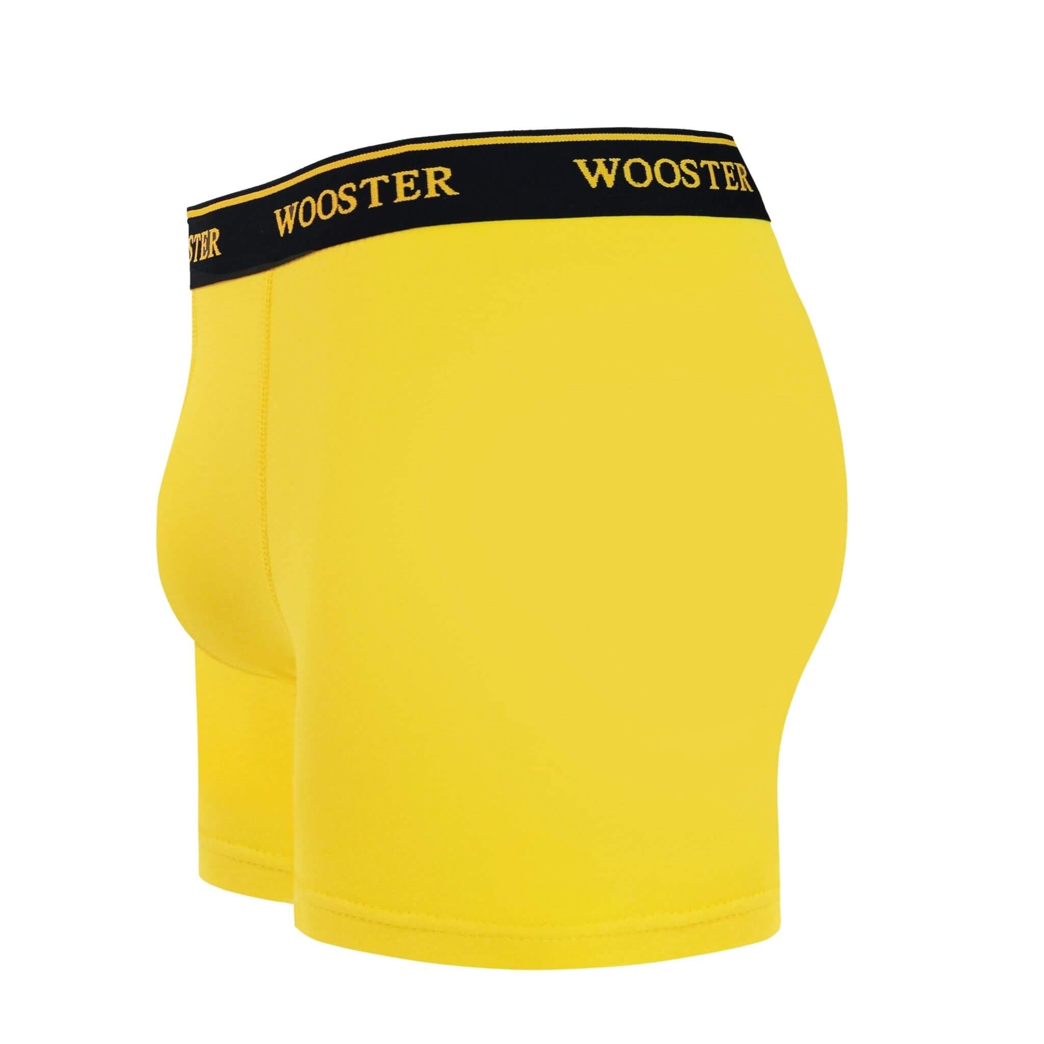 Side view of men’s 95% cotton boxer brief in sunshine yellow showing contoured pouch and relaxed fit