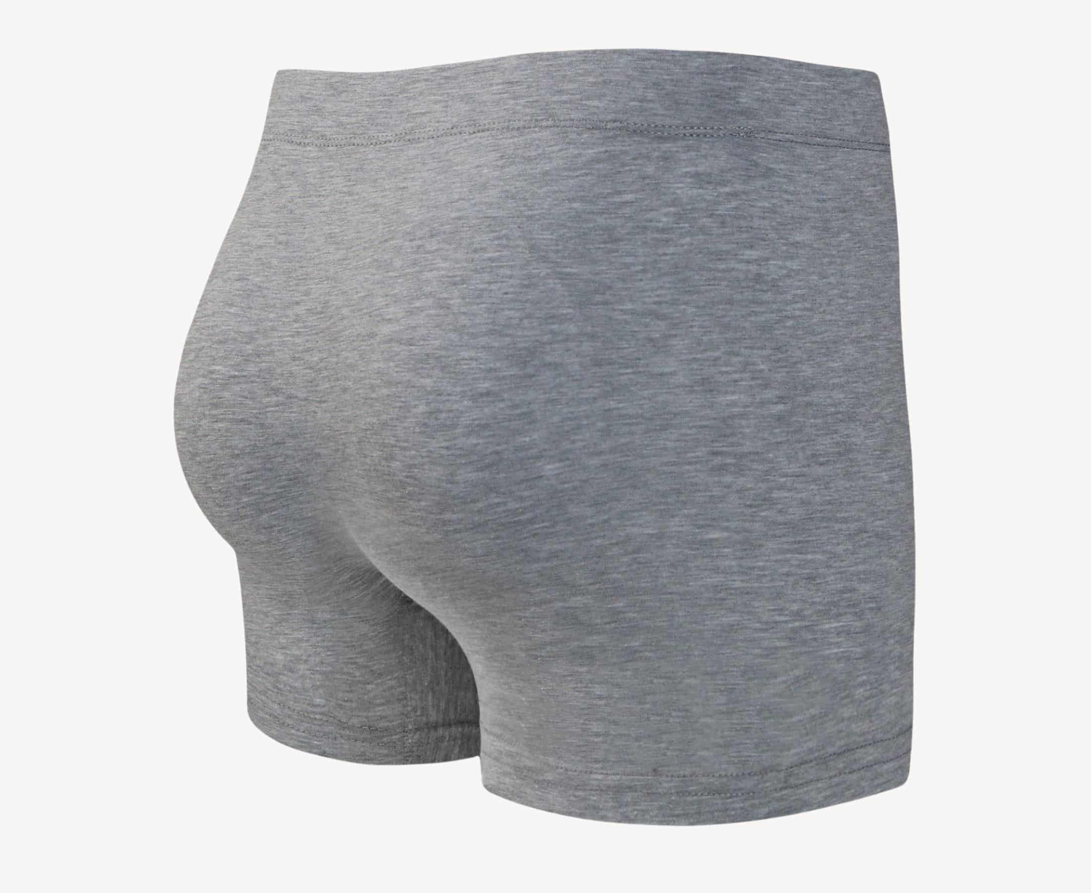 Back view of men’s 95% cotton boxer brief in stone gray with fabric-covered waistband and rear detail