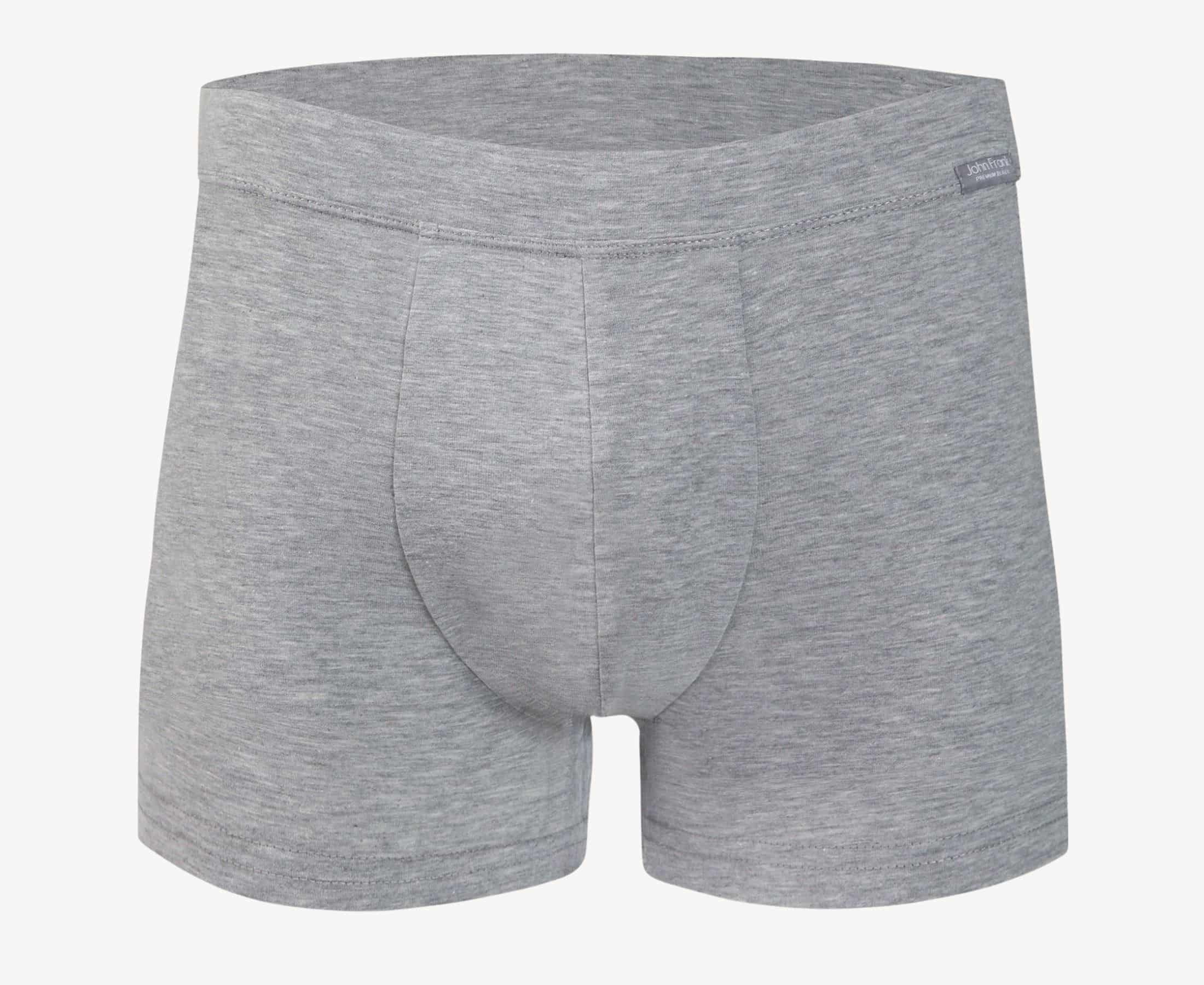 Front view of men’s 95% cotton boxer brief in stone gray with fabric-covered waistband, invisible seams and soft stretch
