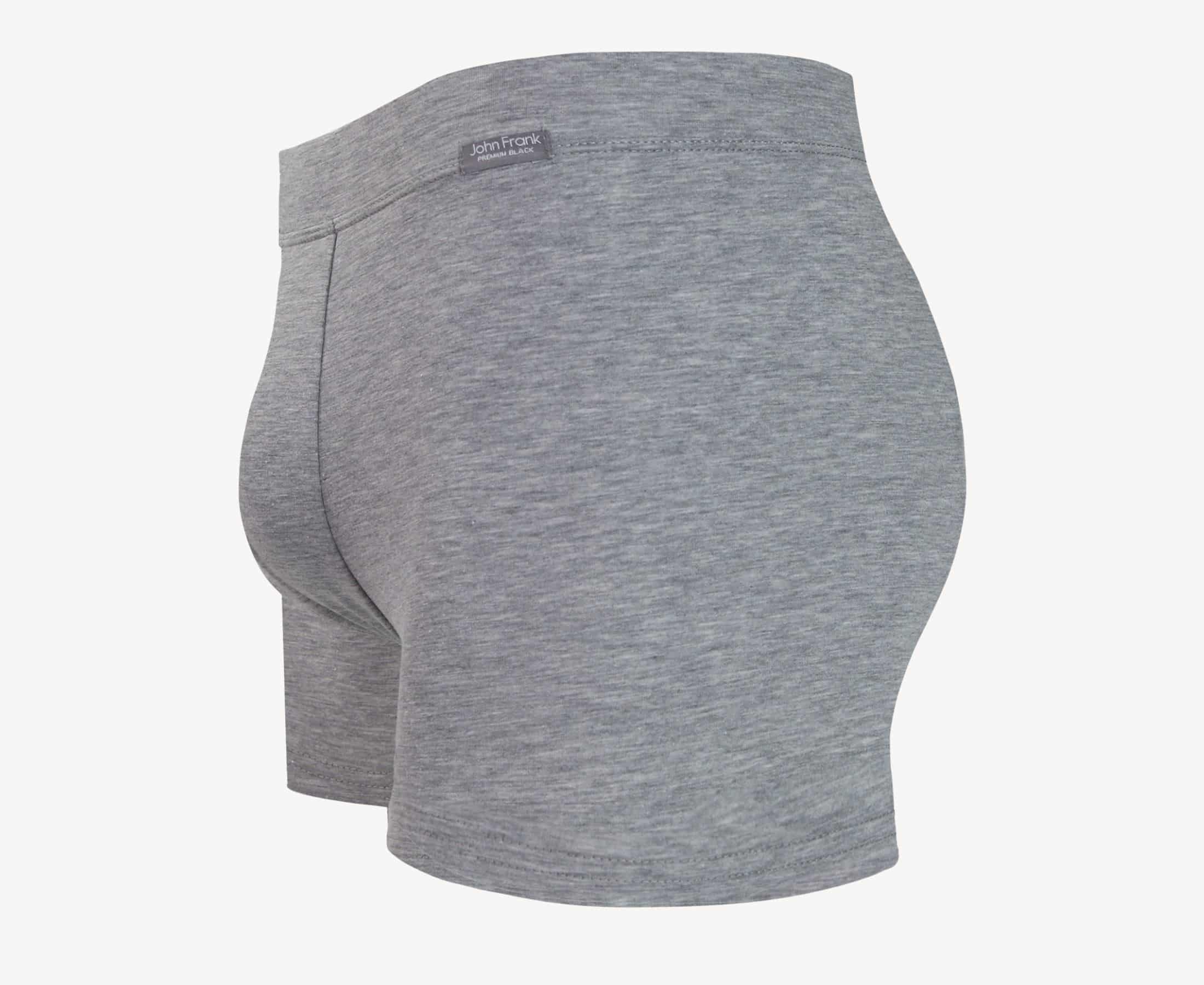 Side view of men’s 95% cotton boxer brief in stone gray with fabric-covered waistband, contoured pouch, and tailored leg cut