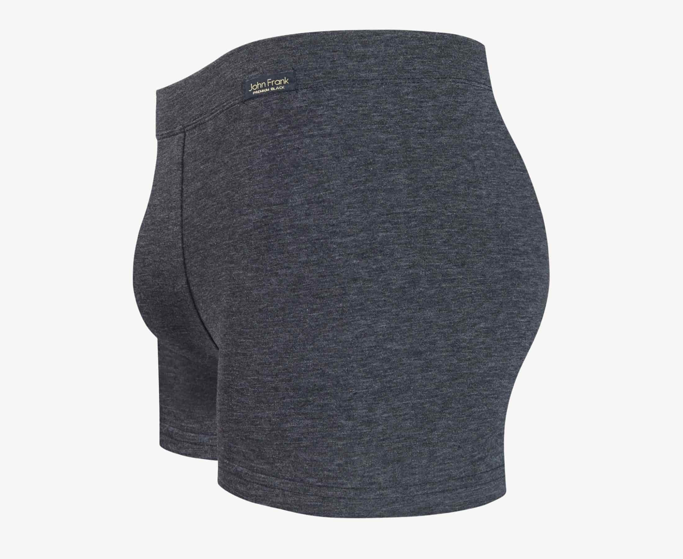 Side view of men’s 95% cotton boxer brief in slate gray with fabric-covered waistband, contoured pouch, and tailored leg cut