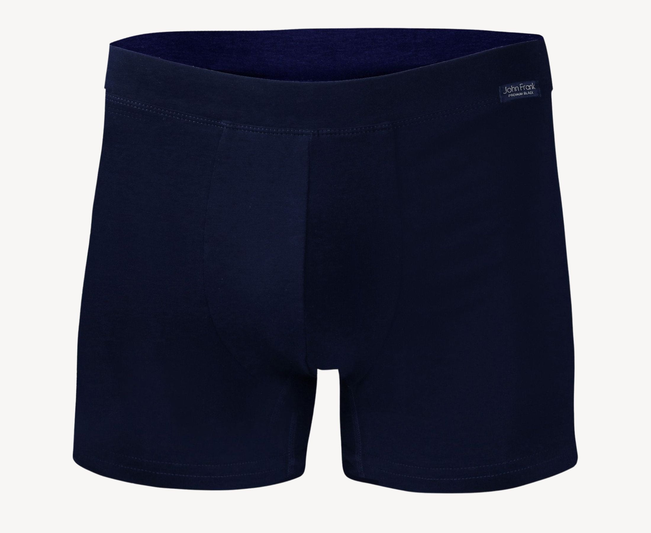 Front view of men’s 95% cotton boxer brief in navy with fabric-covered waistband, invisible seams and soft stretch